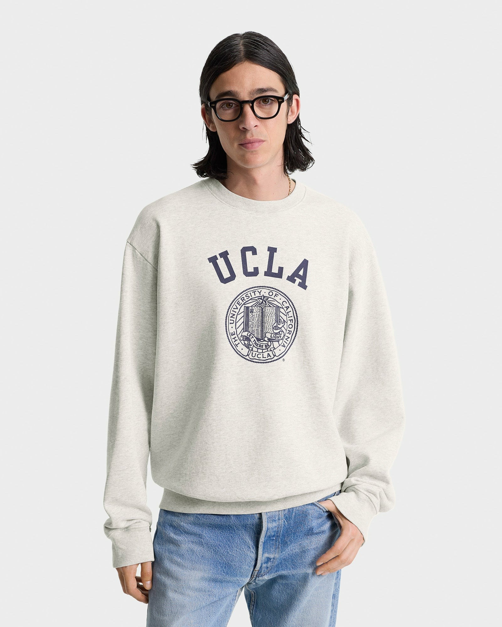 UCLA Crest Crewneck - Heather Gray/Navy Sporty & Rich For Sale