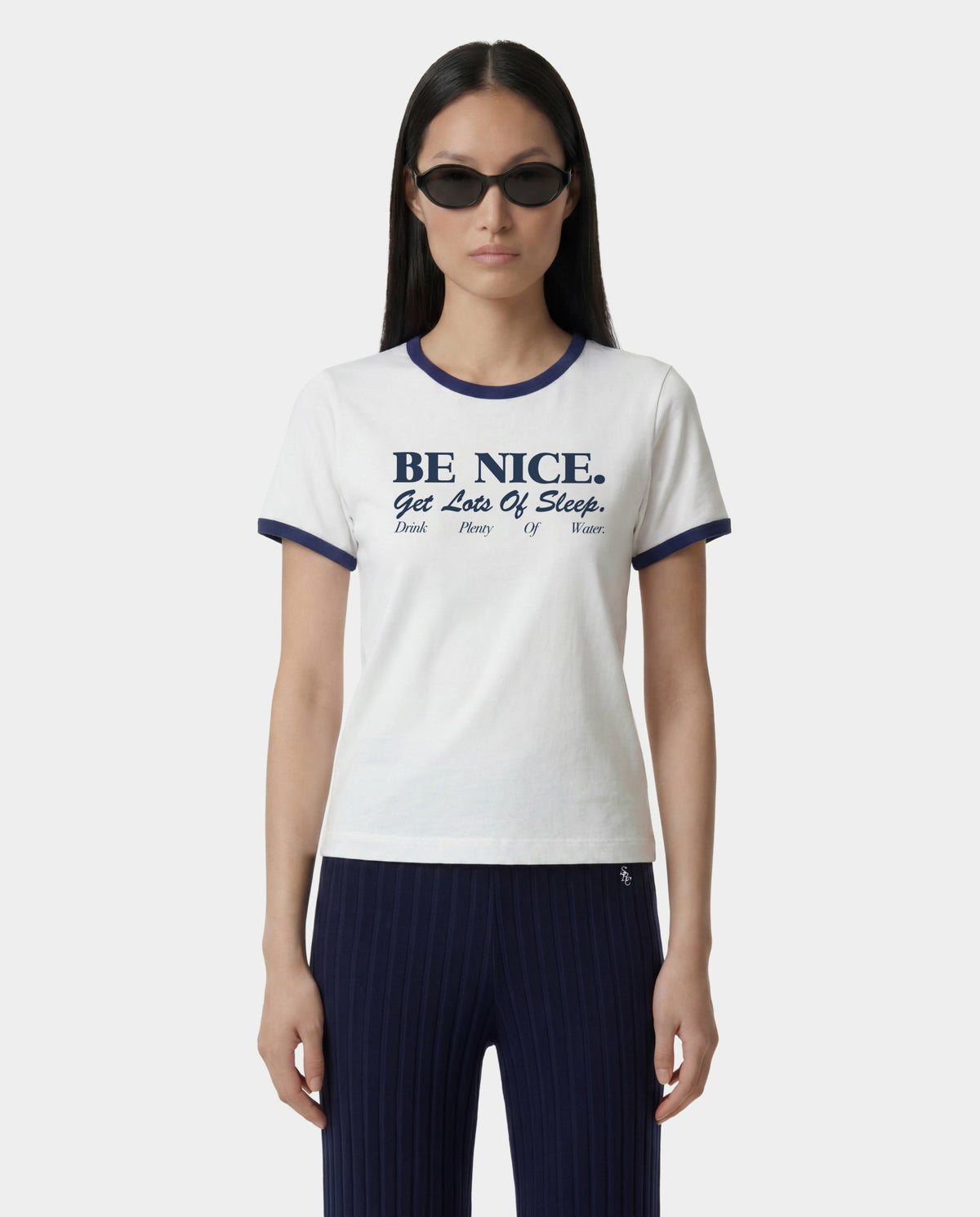 Be Nice Soft Ringer Tee - White/Light Navy Sporty & Rich Online