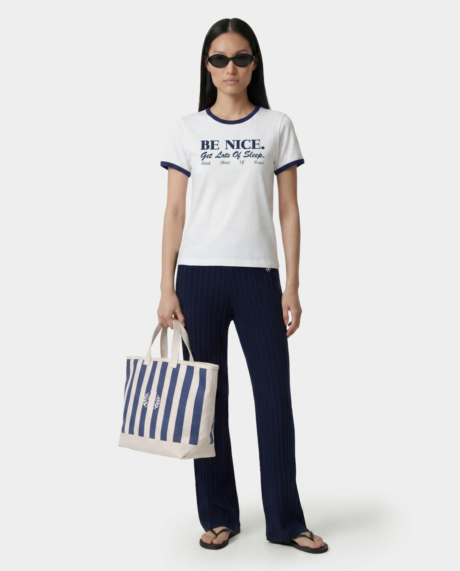 Be Nice Soft Ringer Tee - White/Light Navy Sporty & Rich Online