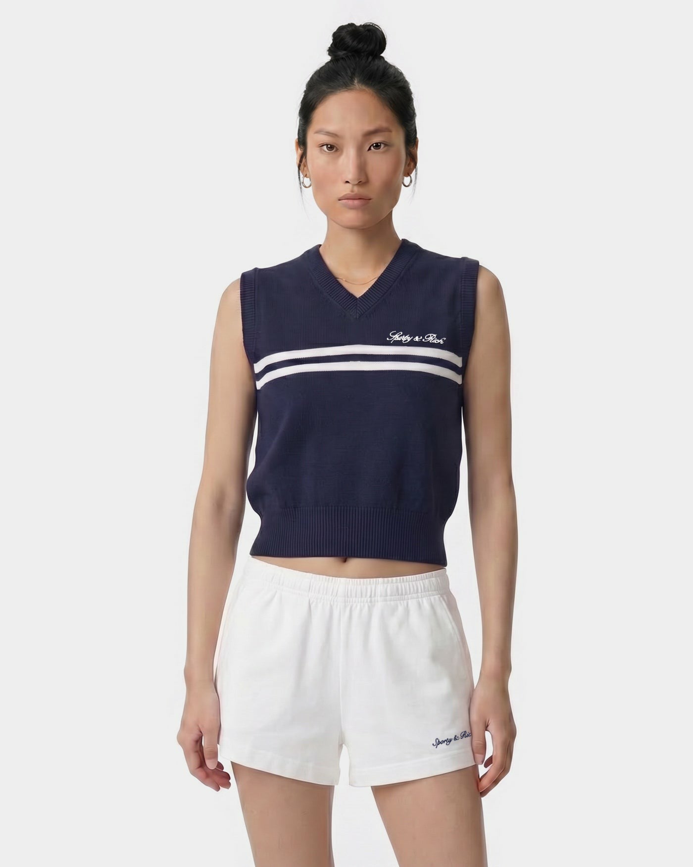 Signature Logo Knitted Vest - Navy/White Sporty & Rich Discount