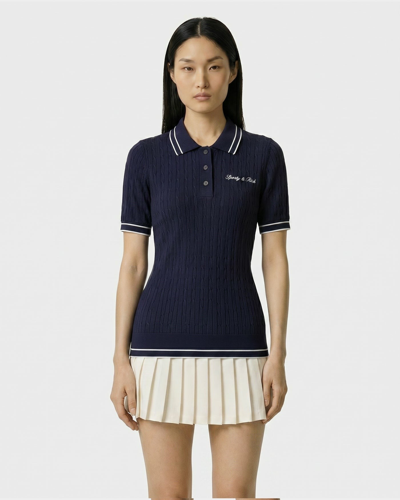 Signature Logo Mini Cable Polo - Navy/White Sporty & Rich US