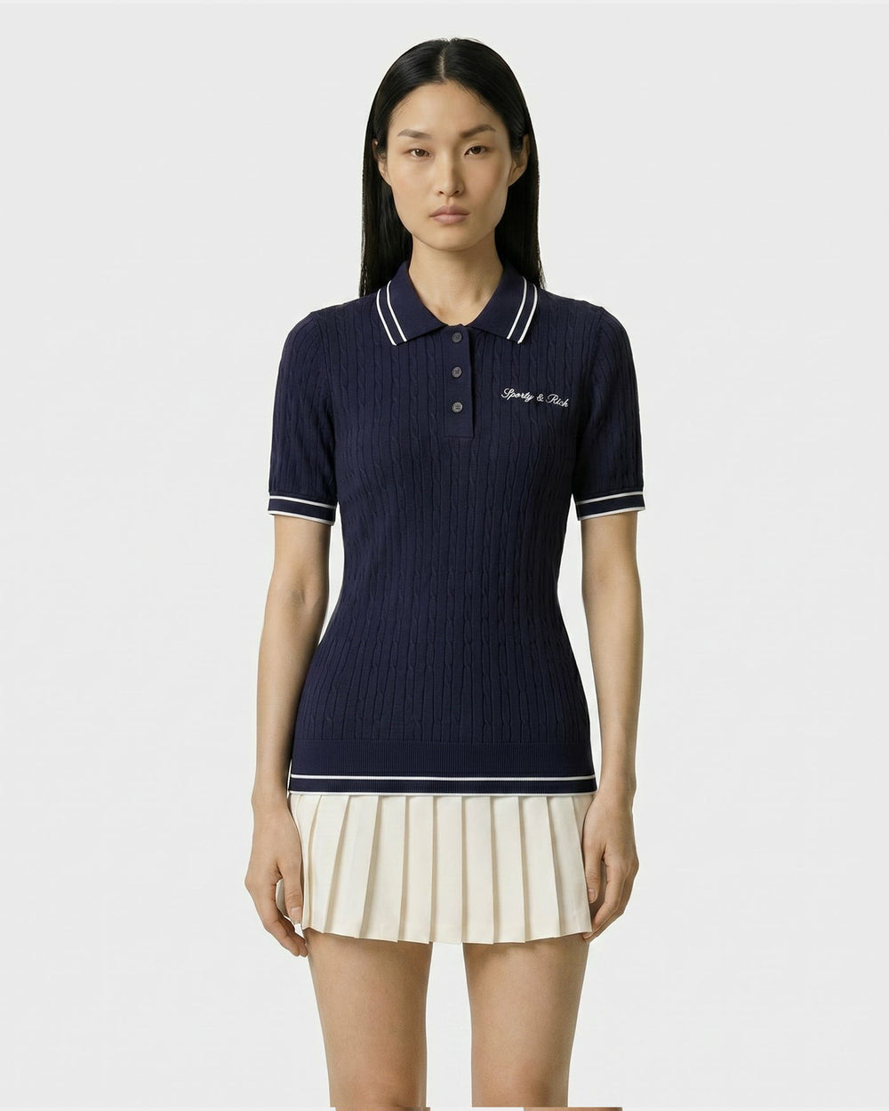 Signature Logo Mini Cable Polo - Navy/White Sporty & Rich US