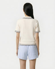 Signature Logo Mini Cable Polo - Ecru/Navy Sporty & Rich Sale