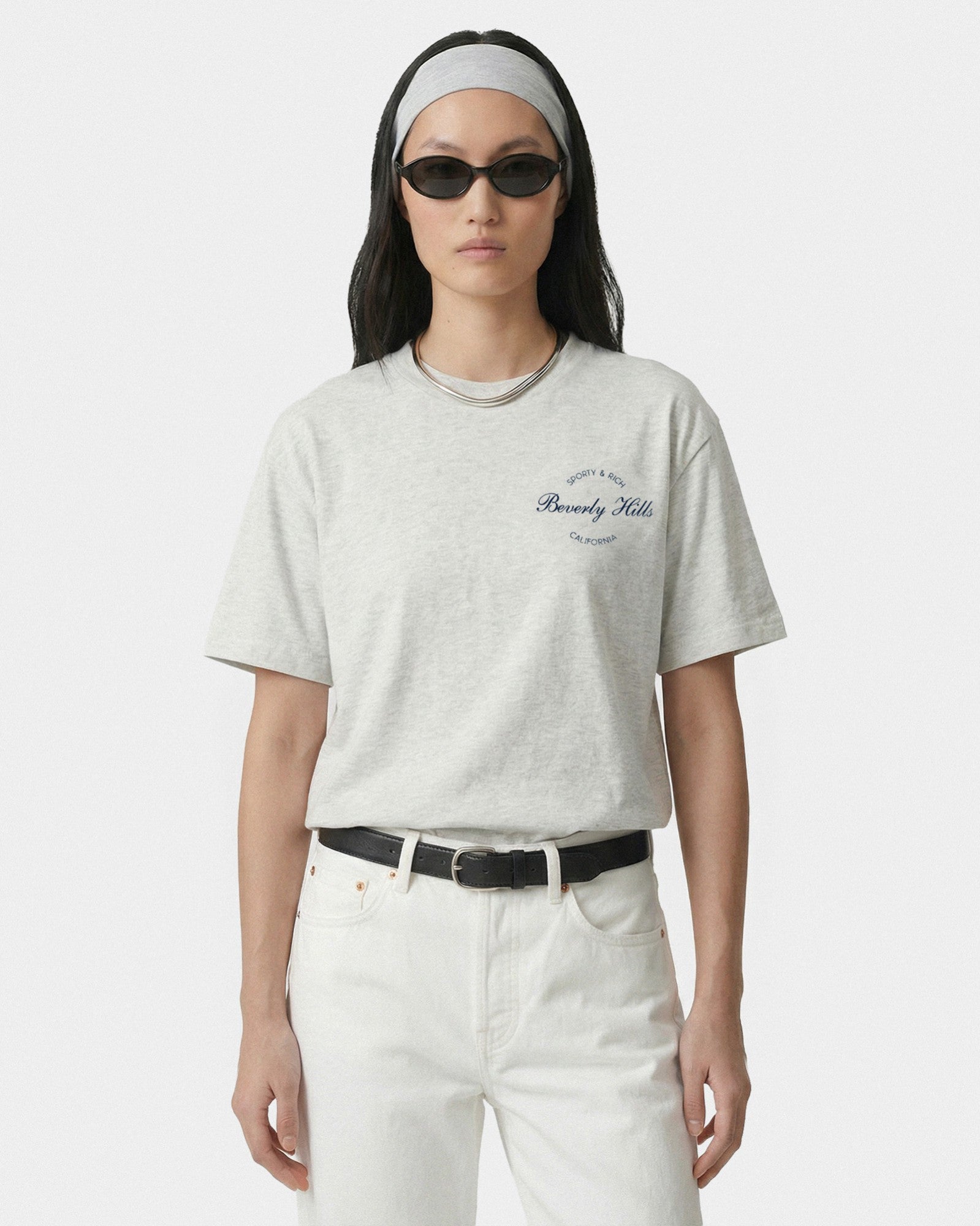 Beverly Script T-Shirt - Heather Gray/Navy Sporty & Rich Sale