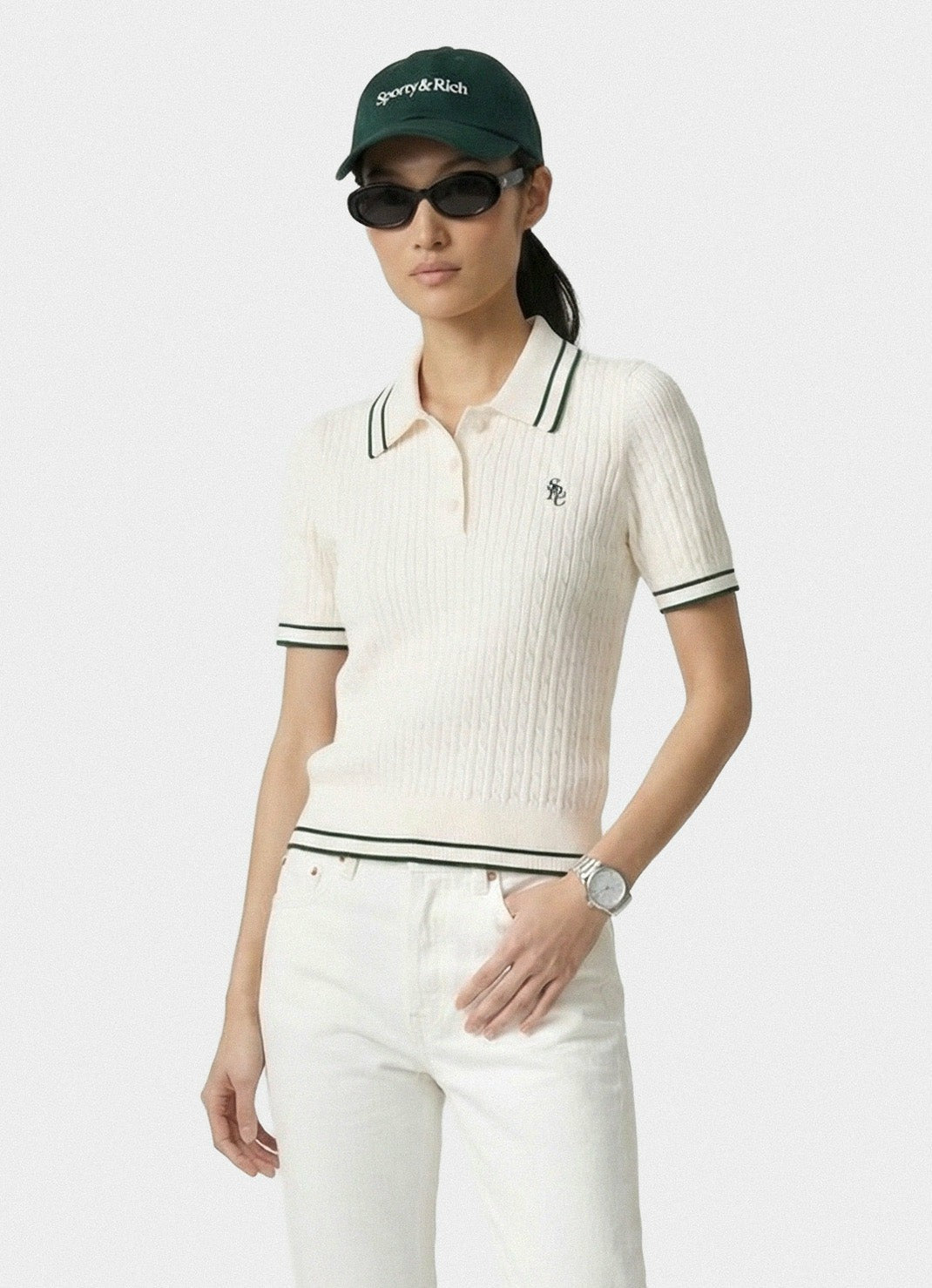 SRC Mini Cable Polo - Ecru/Forest Sporty & Rich Outlet