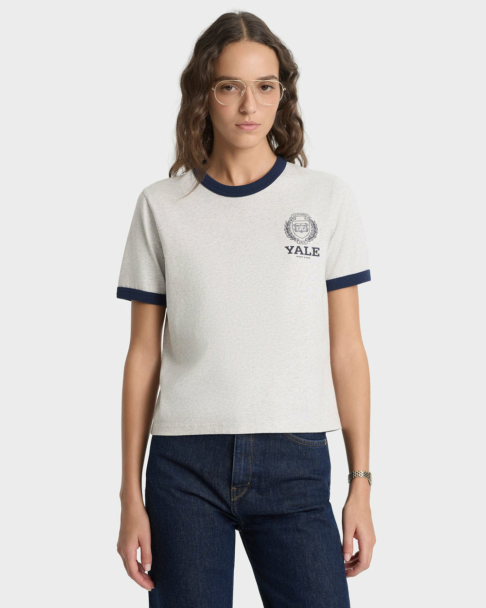 Yale Crest Ringer Tee - Heather Gray/Navy Sporty & Rich Discount