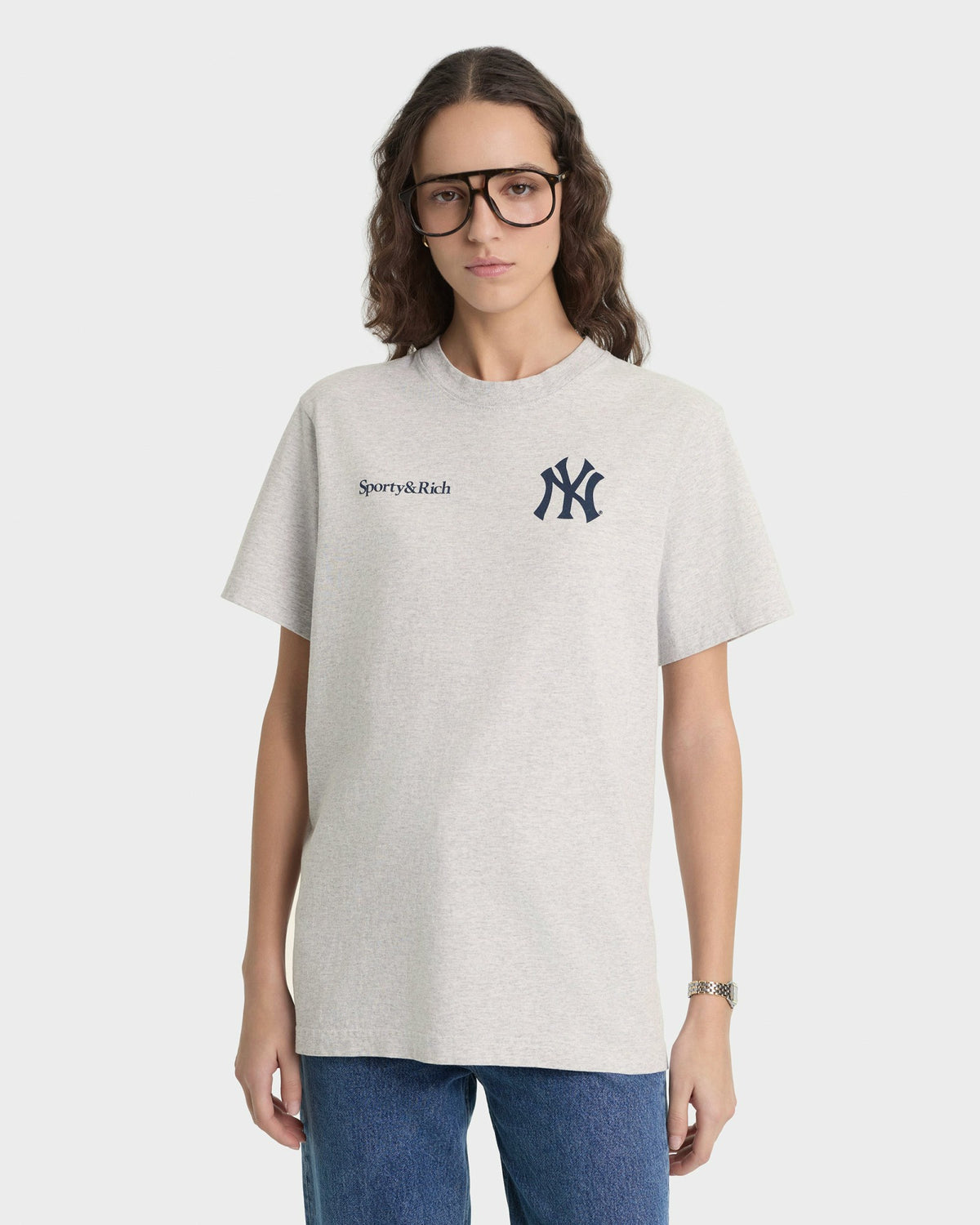 Yankees Curve T-Shirt - Heather Gray/Navy Sporty & Rich Outlet