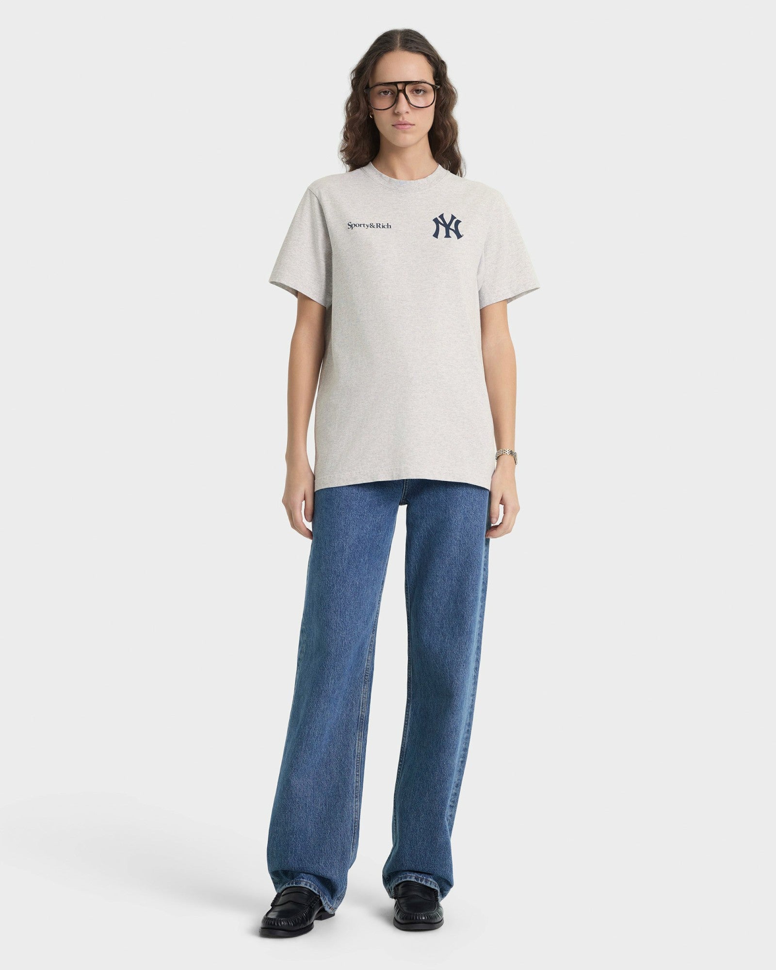 Yankees Curve T-Shirt - Heather Gray/Navy Sporty & Rich Outlet