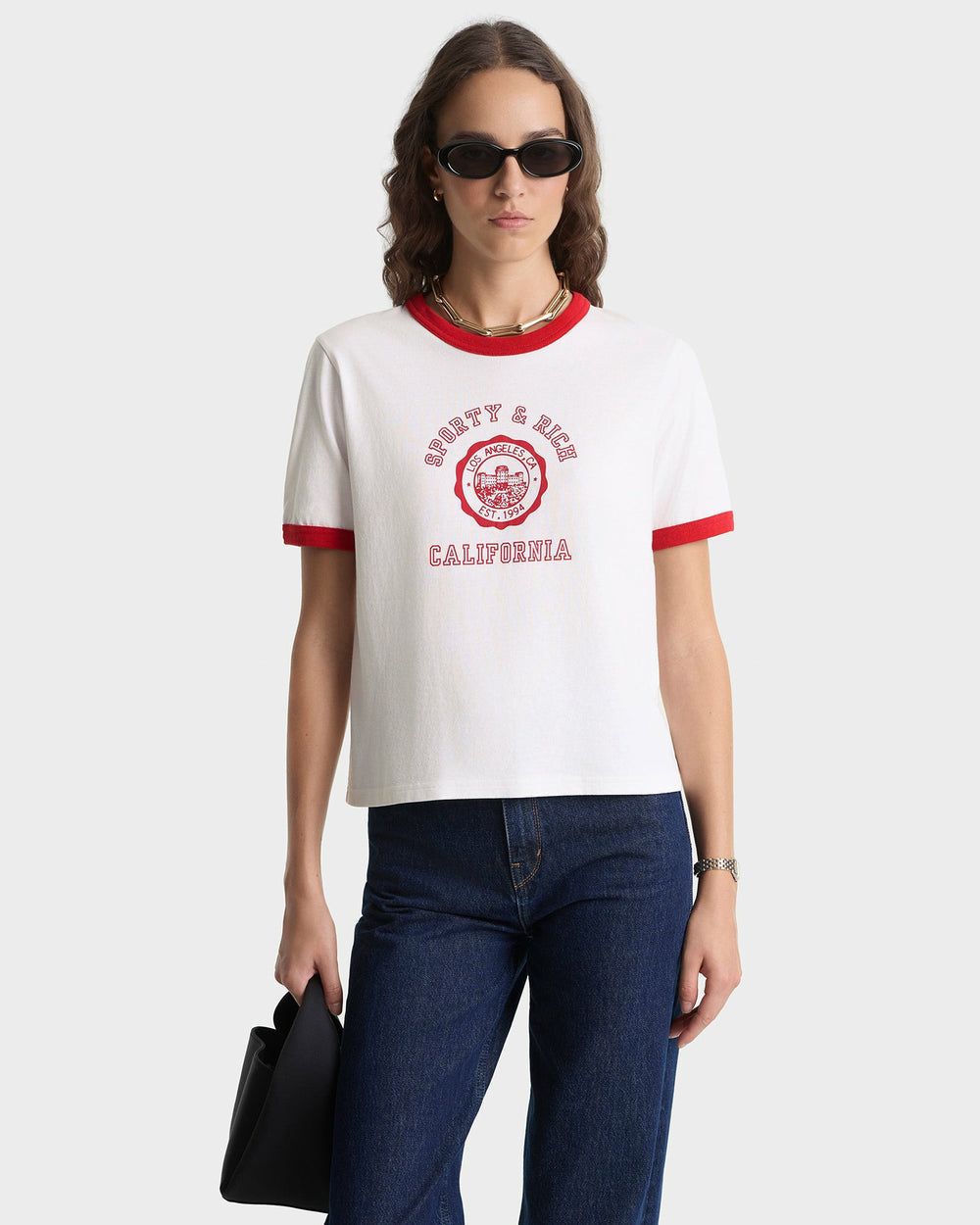 California Emblem Ringer Tee - White/Ruby Sporty & Rich US