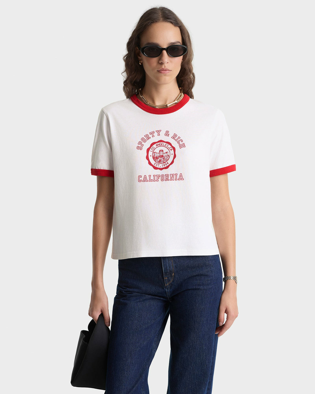 California Emblem Ringer Tee - White/Ruby Sporty & Rich US