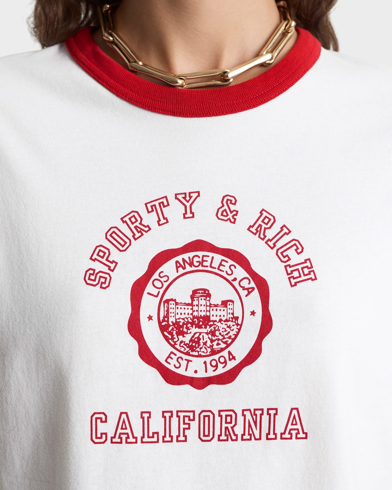 California Emblem Ringer Tee - White/Ruby Sporty & Rich US
