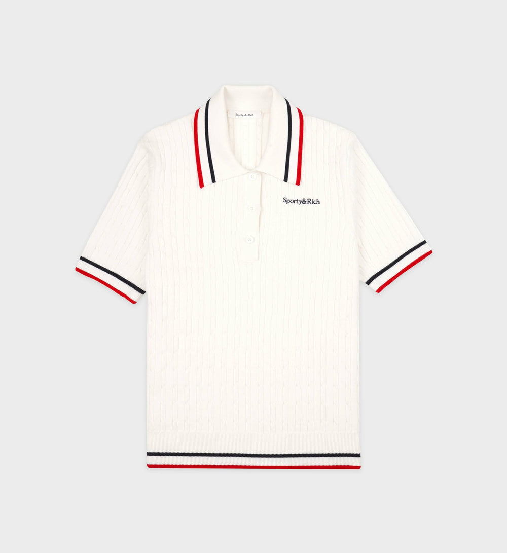 Serif Logo Mini Cable Polo - White/Navy/Ruby Sporty & Rich US