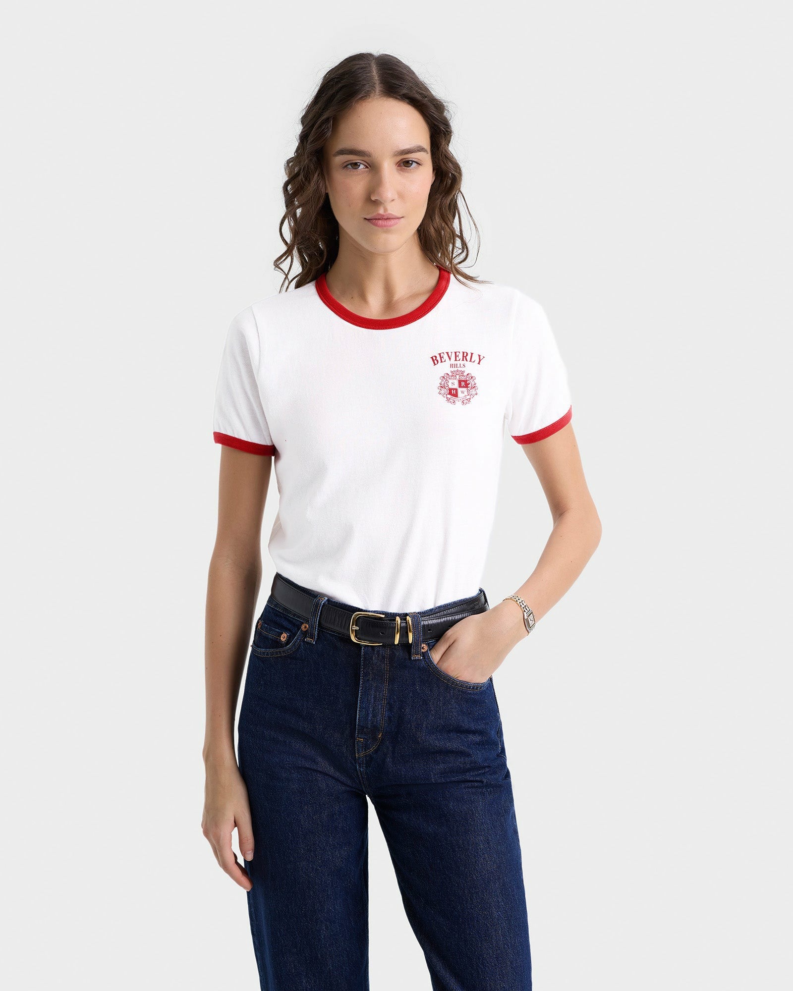 Beverly Hills Crest Soft Ringer Tee - White/Ruby Sporty & Rich For Sale
