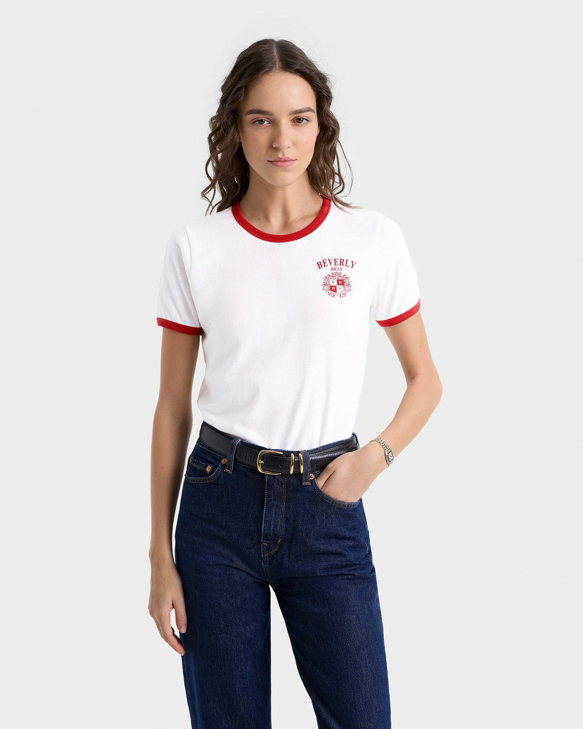 Beverly Hills Crest Soft Ringer Tee - White/Ruby Sporty & Rich For Sale