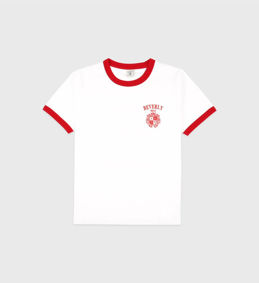 Beverly Hills Crest Soft Ringer Tee - White/Ruby Sporty & Rich For Sale
