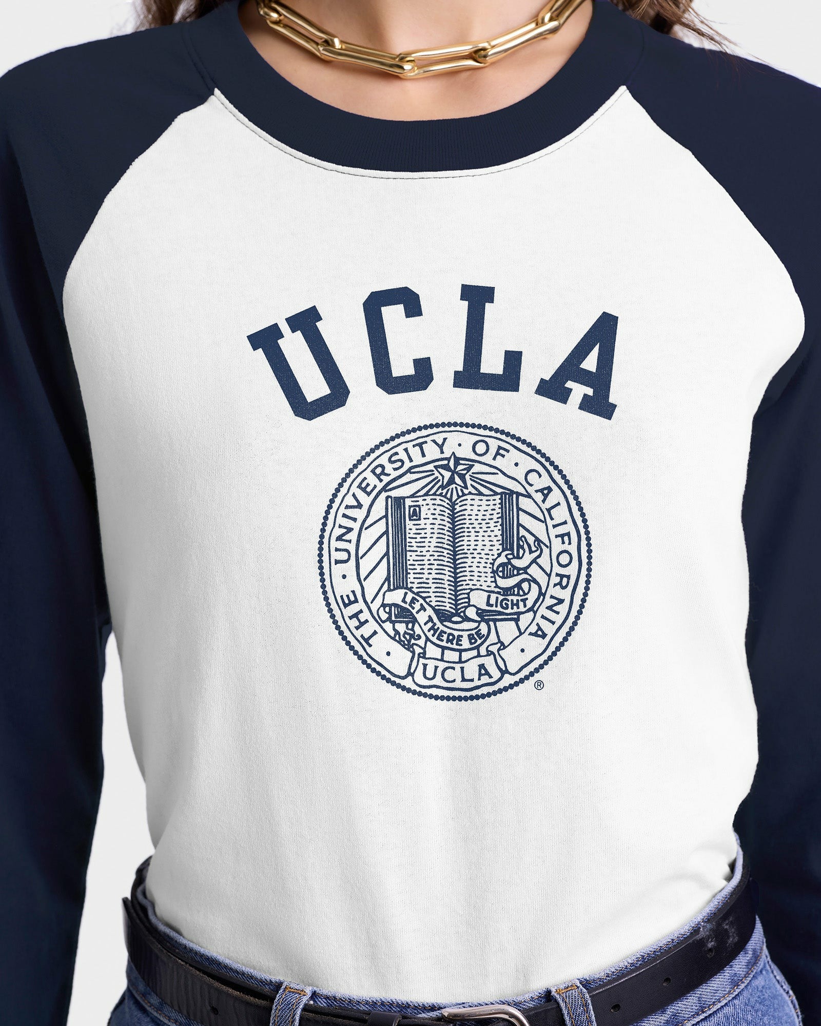 UCLA Crest Baseball Tee - White/Navy Sporty & Rich Outlet
