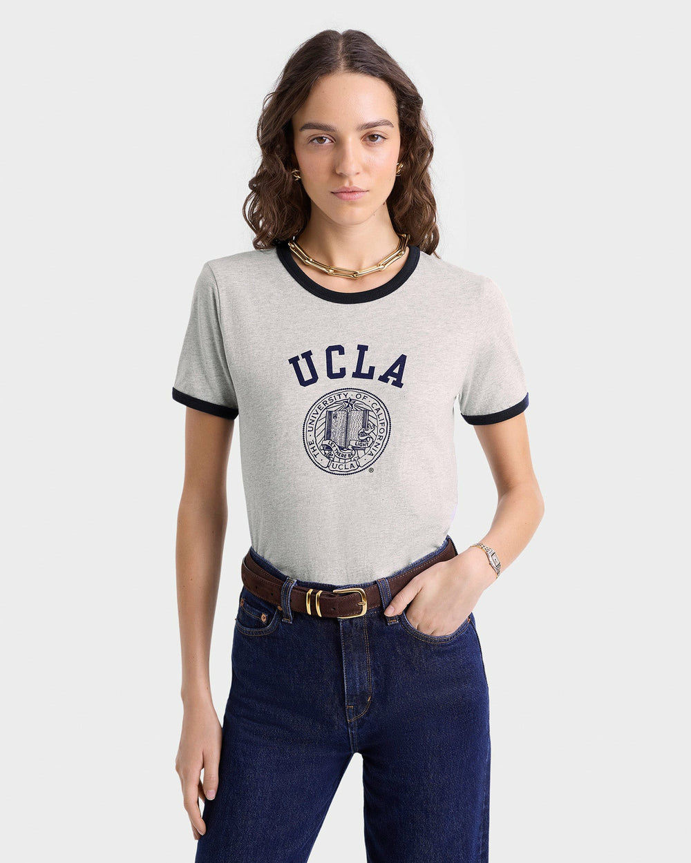 UCLA Crest Ringer Tee - Heather Gray/Navy Sporty & Rich US
