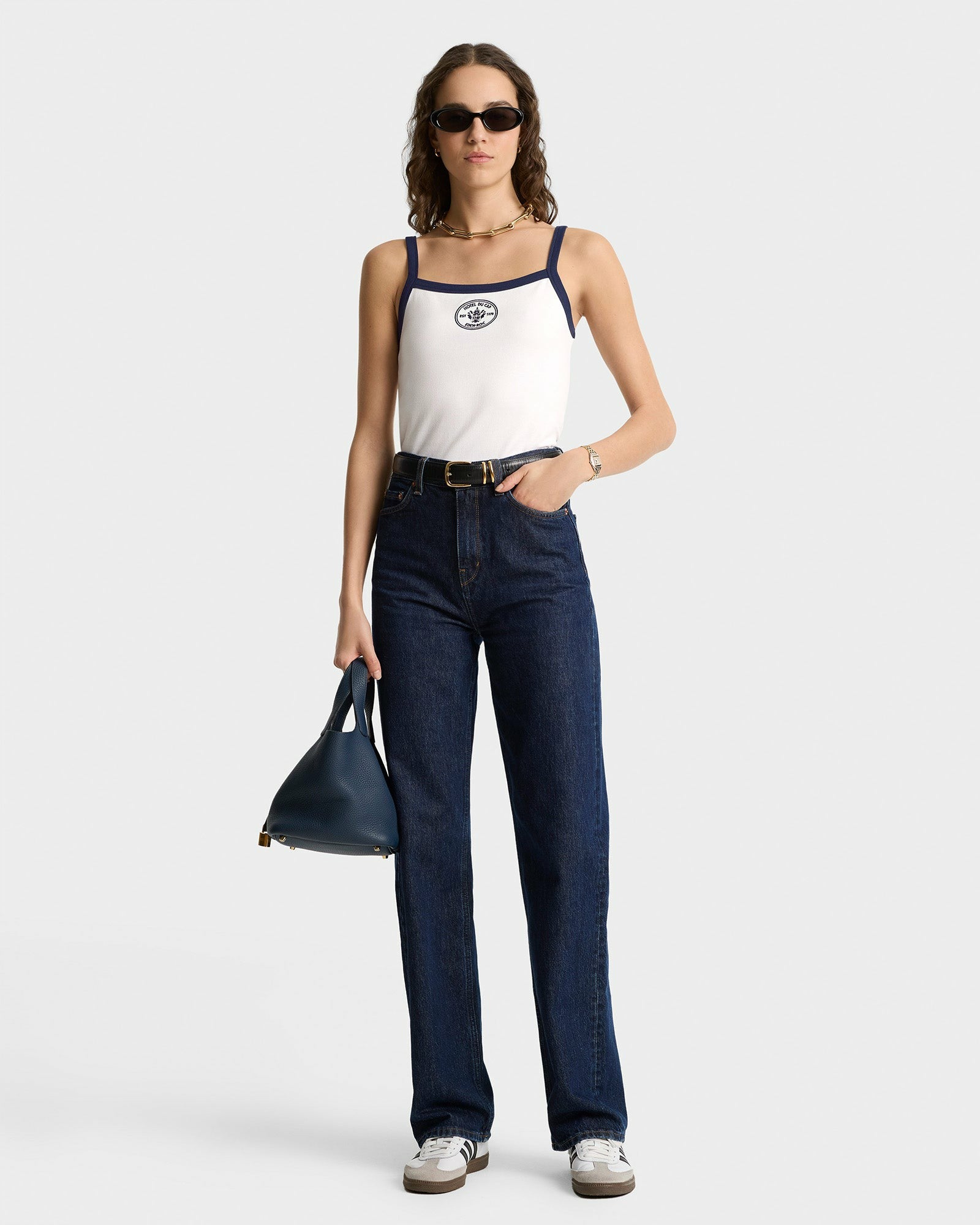 Eden Crest Embroidered Pique Tank - White/Navy Sporty & Rich For Sale