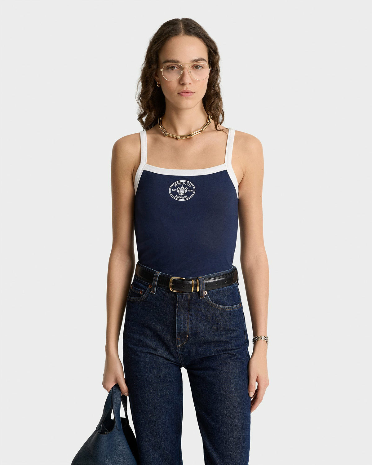 Eden Crest Embroidered Pique Tank - Navy/White Sporty & Rich Outlet