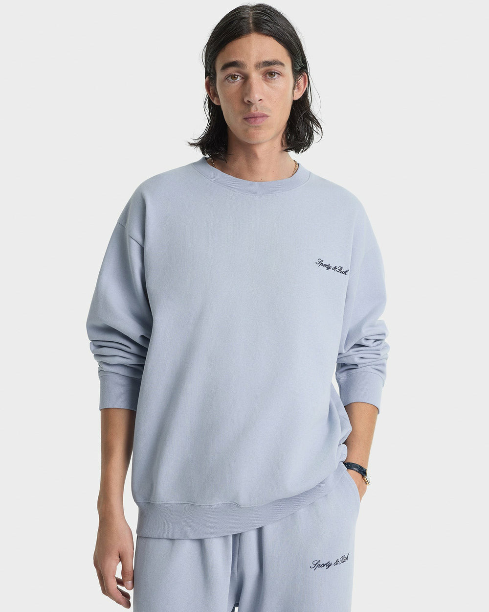 Signature Logo Embroidered Wide Sweatpant - Faded Blue/Navy Sporty & Rich US