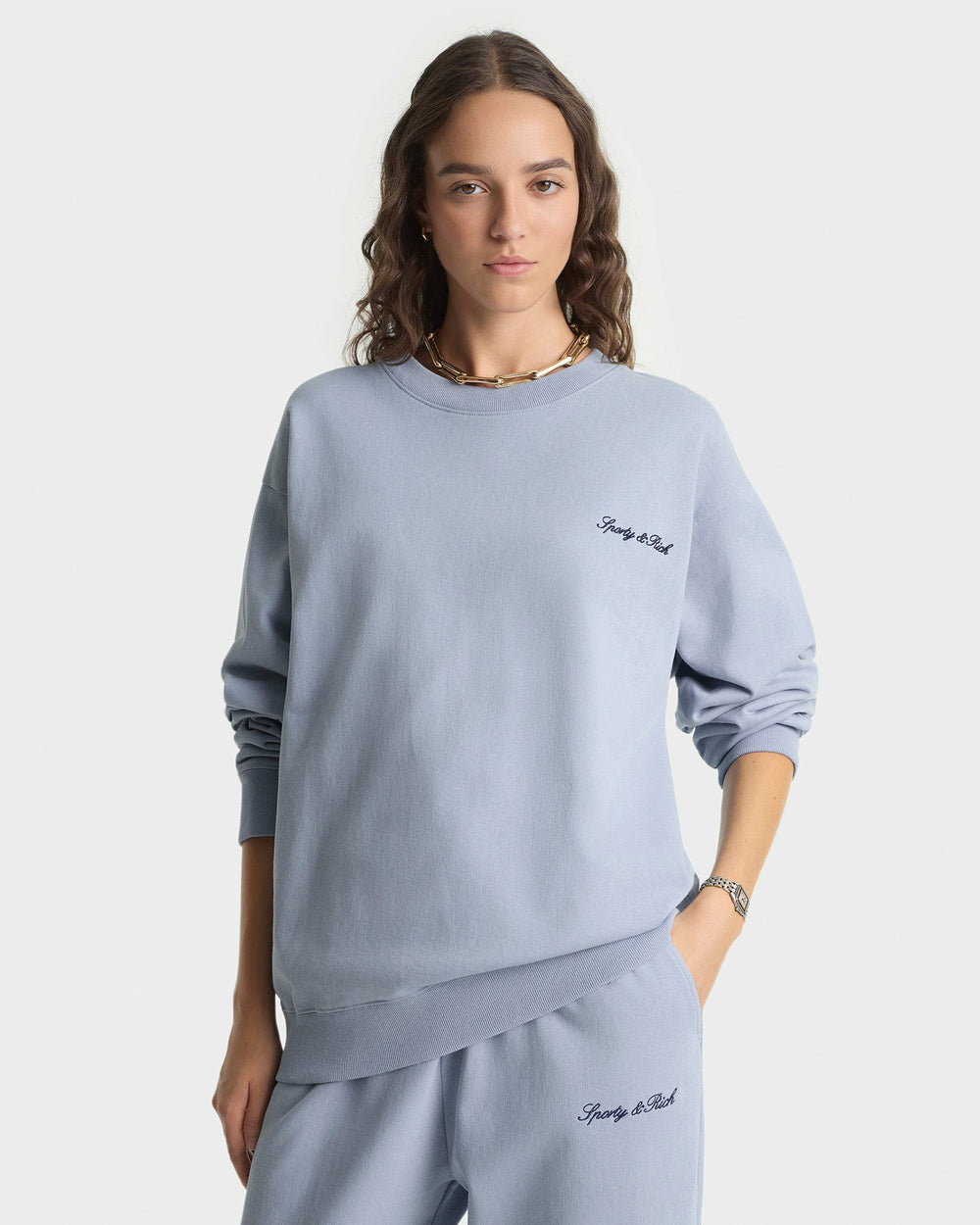 Signature Logo Embroidered Wide Sweatpant - Faded Blue/Navy Sporty & Rich US