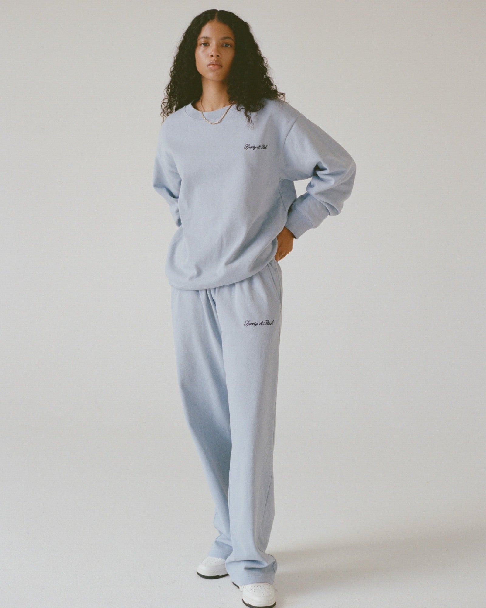 Signature Logo Embroidered Wide Sweatpant - Faded Blue/Navy Sporty & Rich US