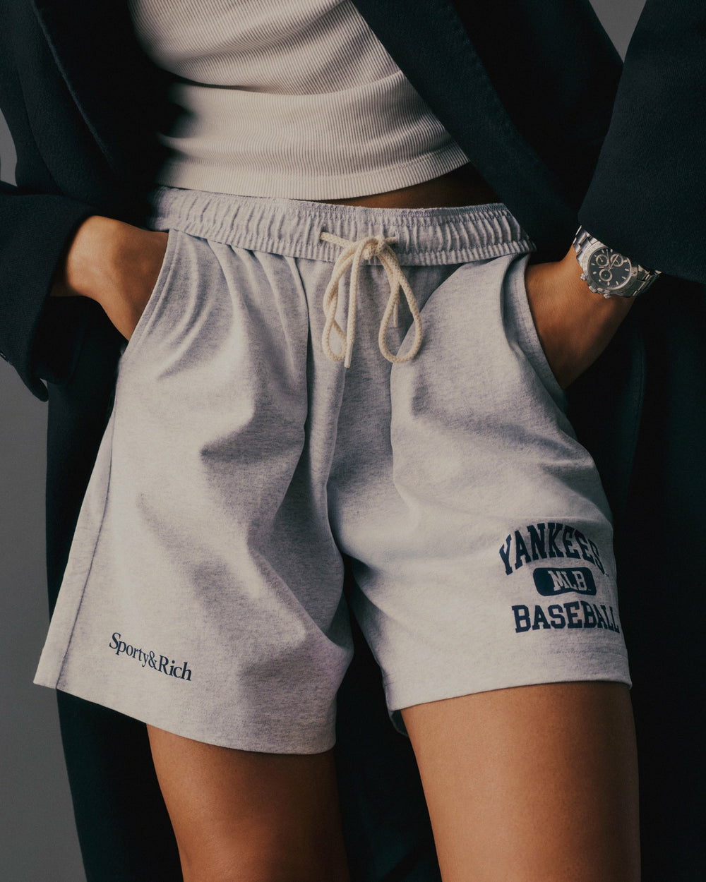 Yankees Ivy Gym Short - Heather Gray/Navy Sporty & Rich Discount
