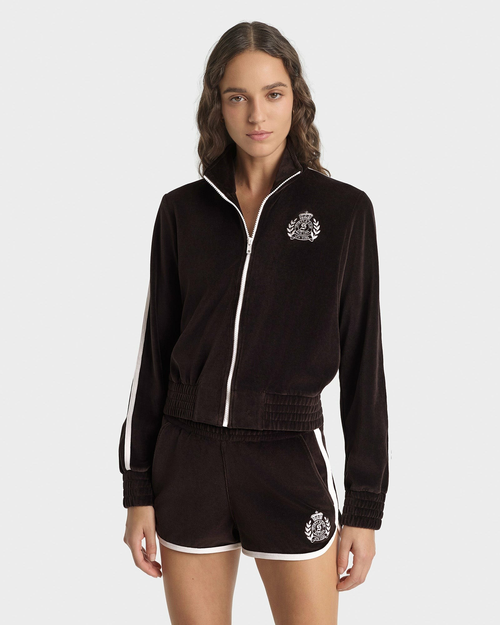 NY Crest Velour Track Short - Chocolate Sporty & Rich Sale