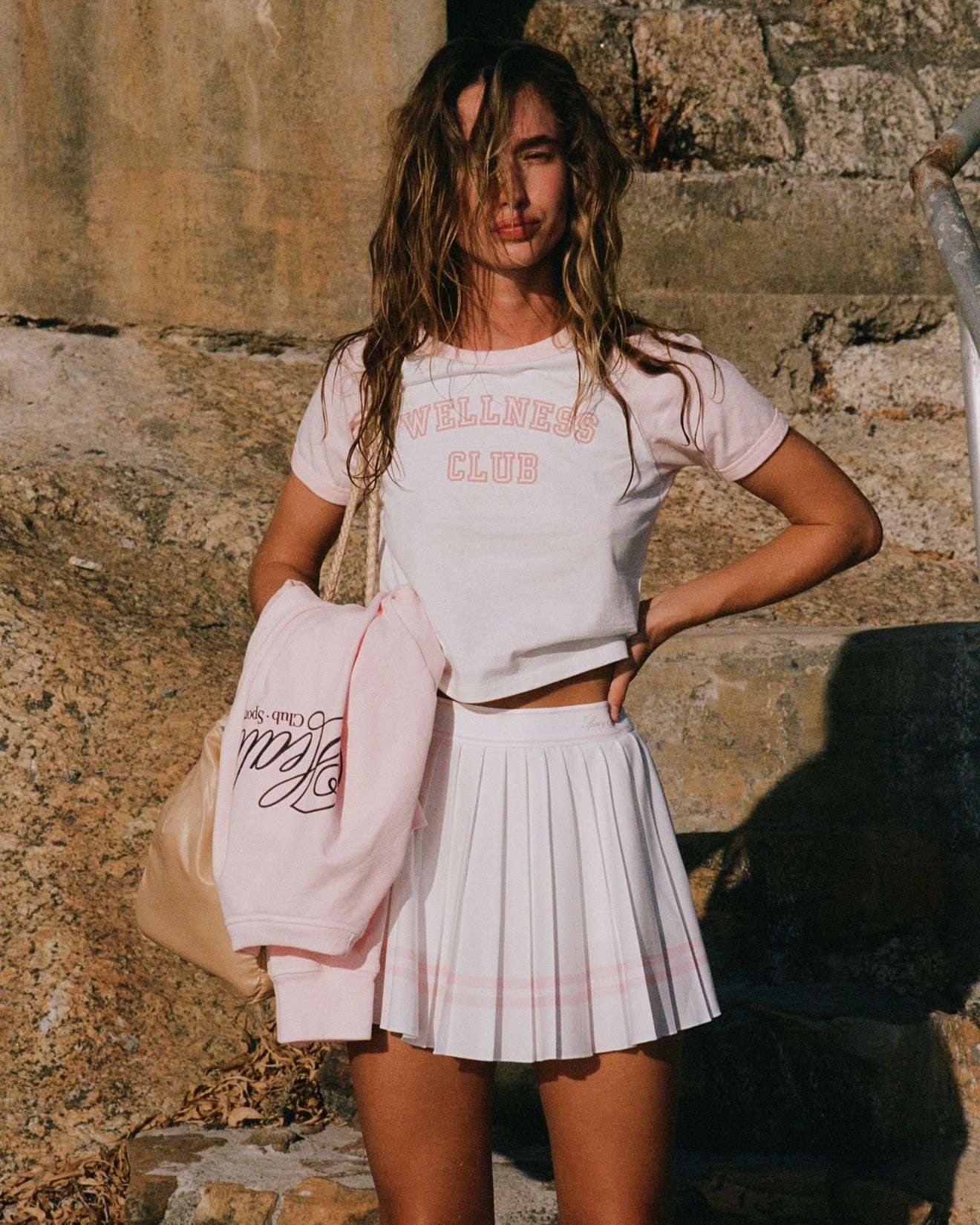 Vendome Script Pleated Skirt - White/Pink Dolphin Sporty & Rich Discount