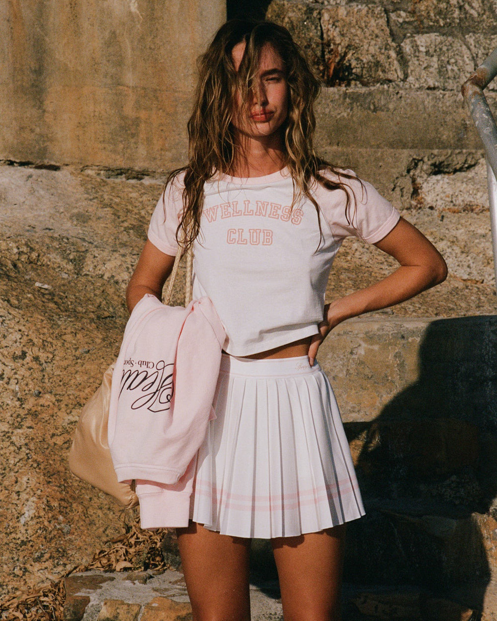 Vendome Script Pleated Skirt - White/Pink Dolphin Sporty & Rich Discount