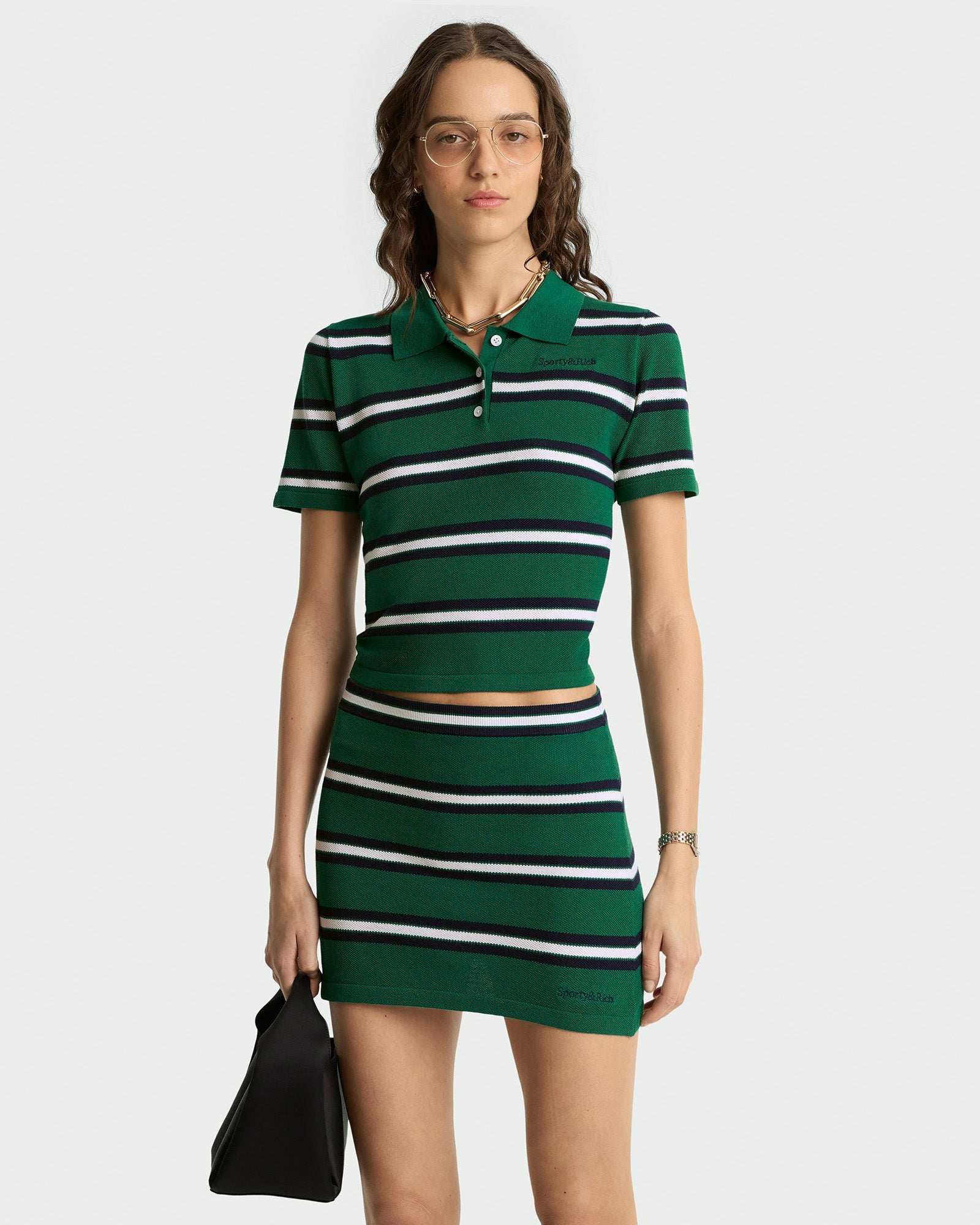 Serif Logo Silk Pique Aline Skirt - Alpine/White/Navy Sporty & Rich For Sale