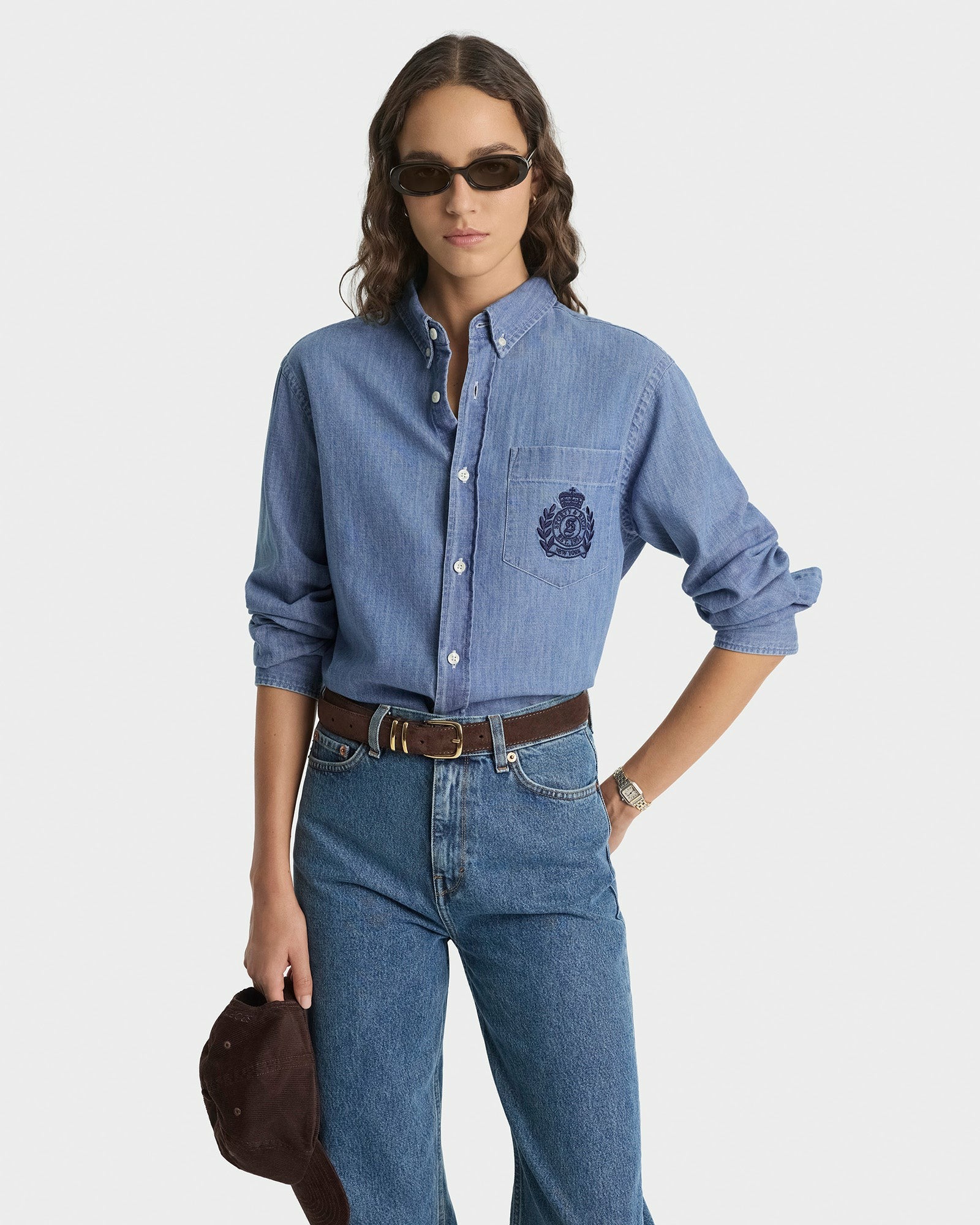 NY Crest Oversized Denim Shirt - Light Blue Sporty & Rich Online