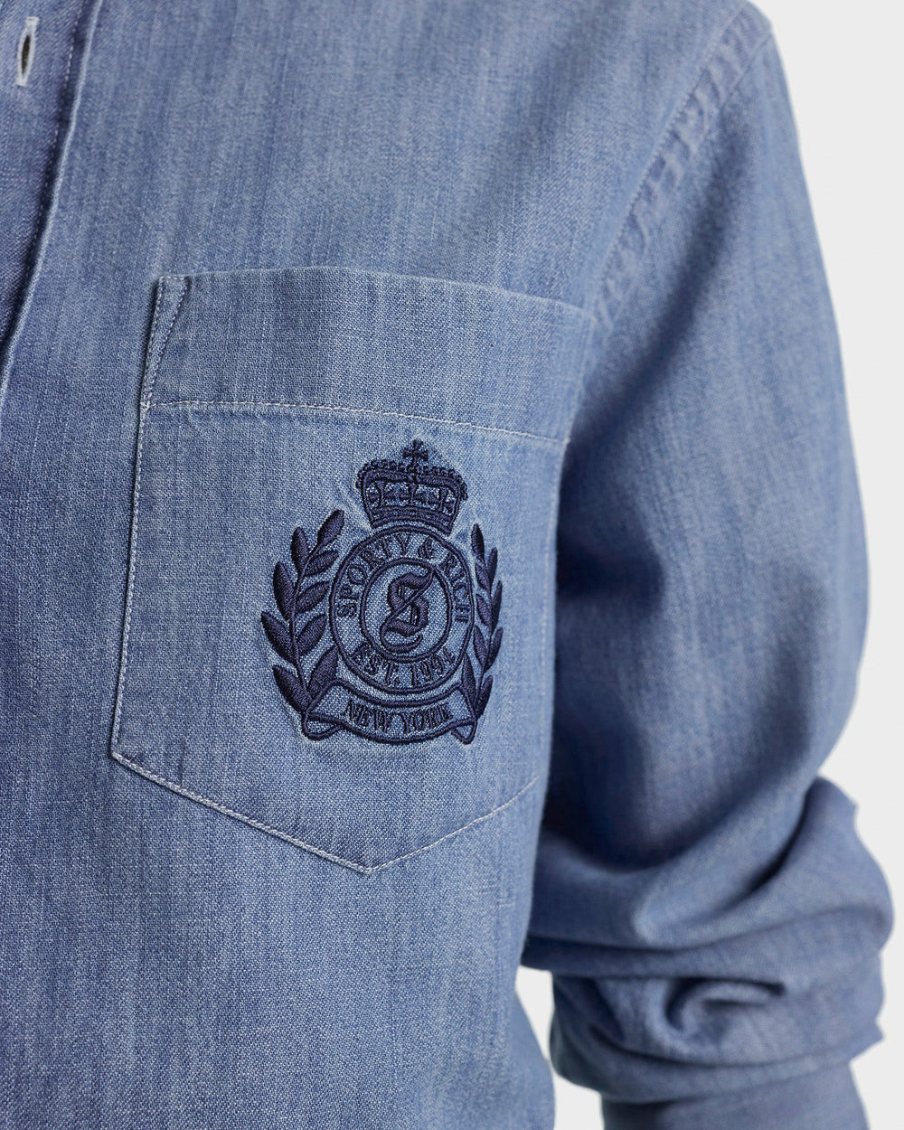 NY Crest Oversized Denim Shirt - Light Blue Sporty & Rich Online