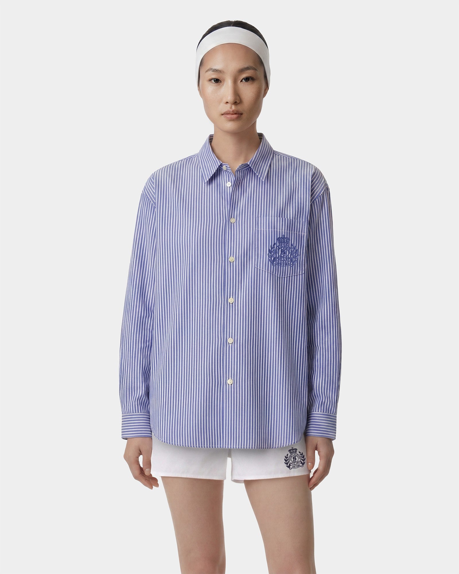 NY Crest Oversized Shirt - Blue Striped Sporty & Rich Discount