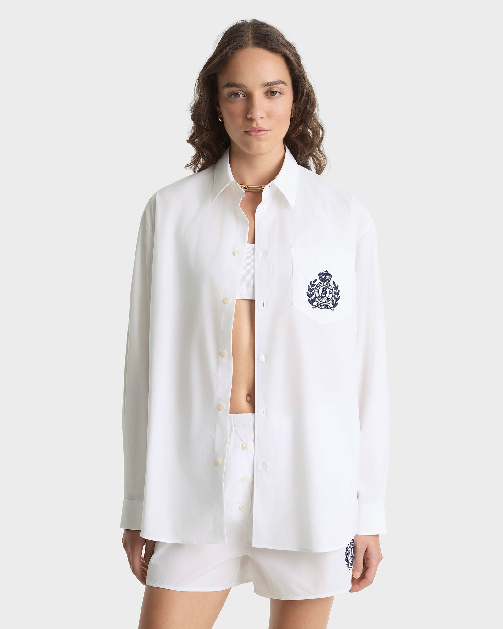 NY Crest Oversized Shirt - White/Navy Sporty & Rich For Sale