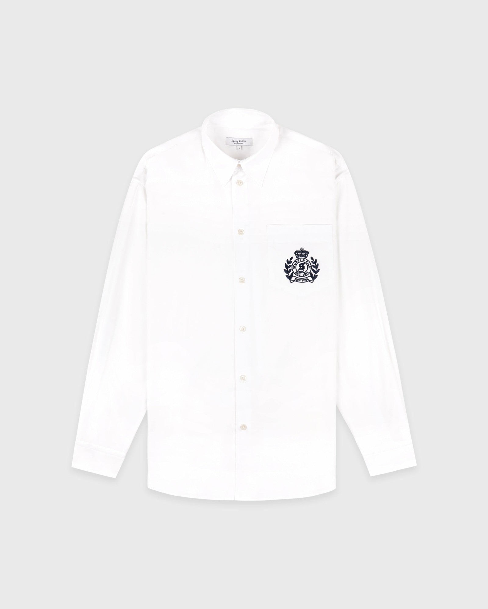 NY Crest Oversized Shirt - White/Navy Sporty & Rich For Sale
