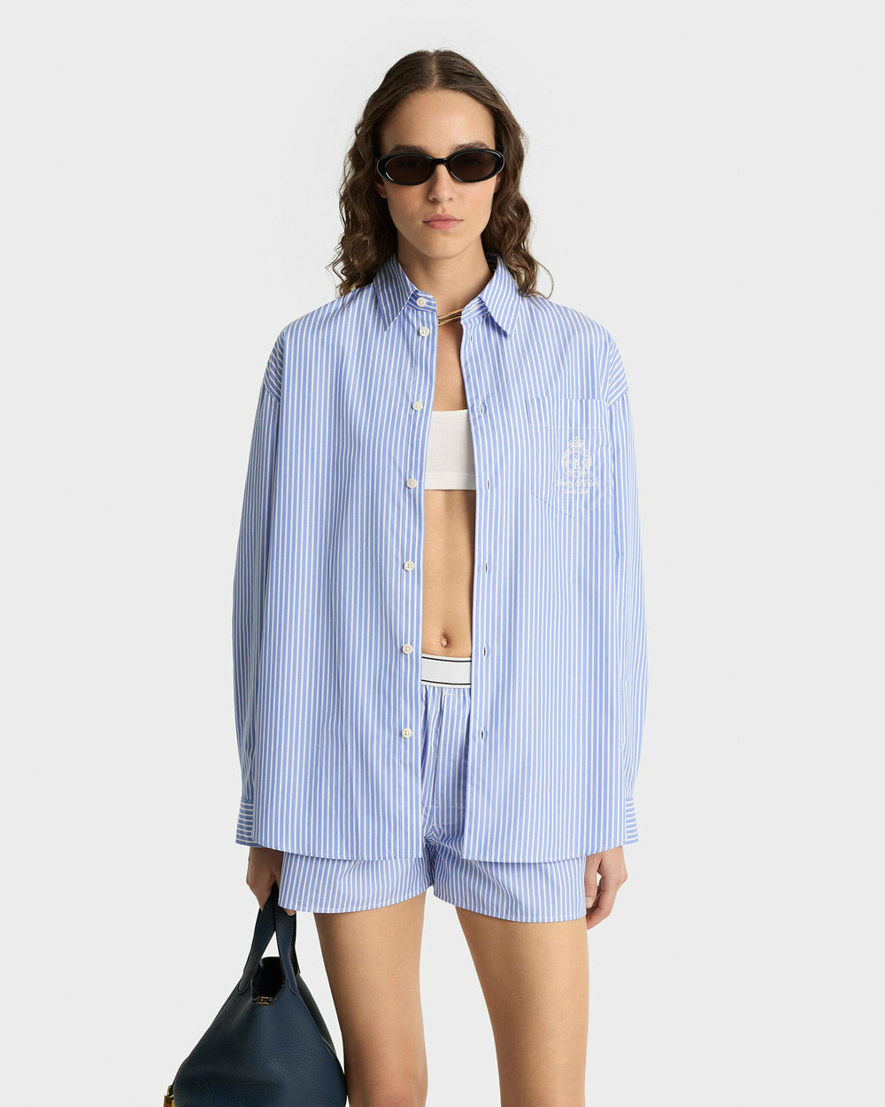 Crown Tennis Oversized Shirt - Light Blue Striped Sporty & Rich For Sale
