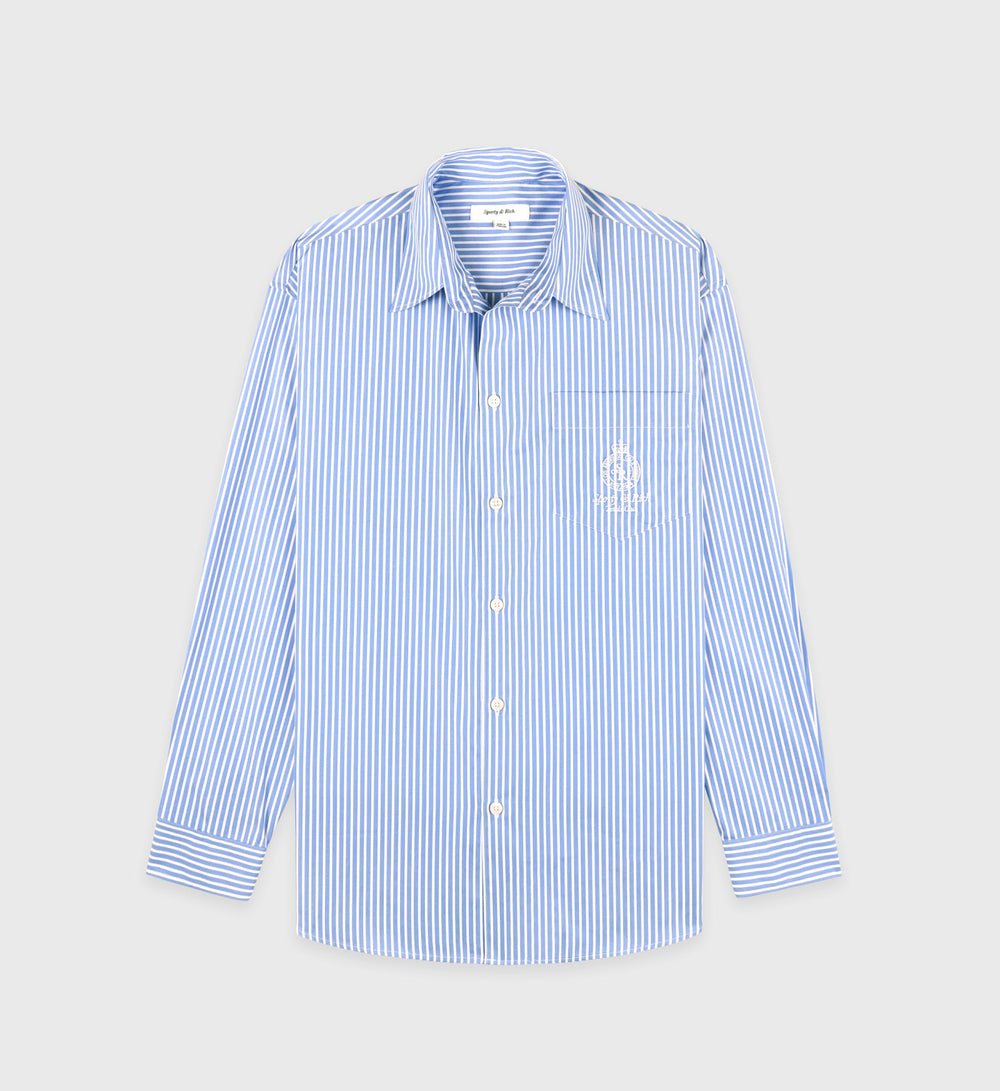 Crown Tennis Oversized Shirt - Light Blue Striped Sporty & Rich For Sale