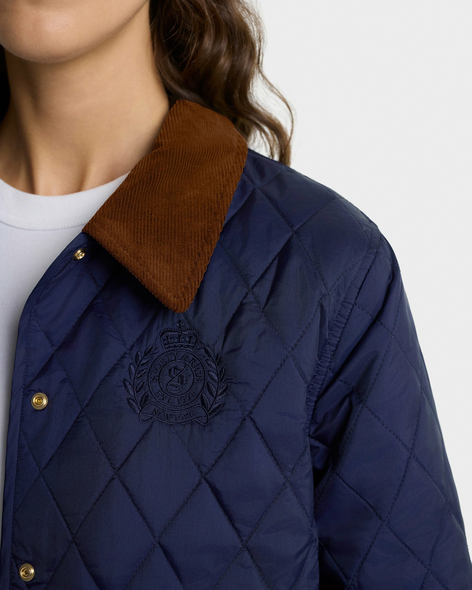 NY Crest Nylon Quilted Jacket - Navy/Tan Sporty & Rich Sale