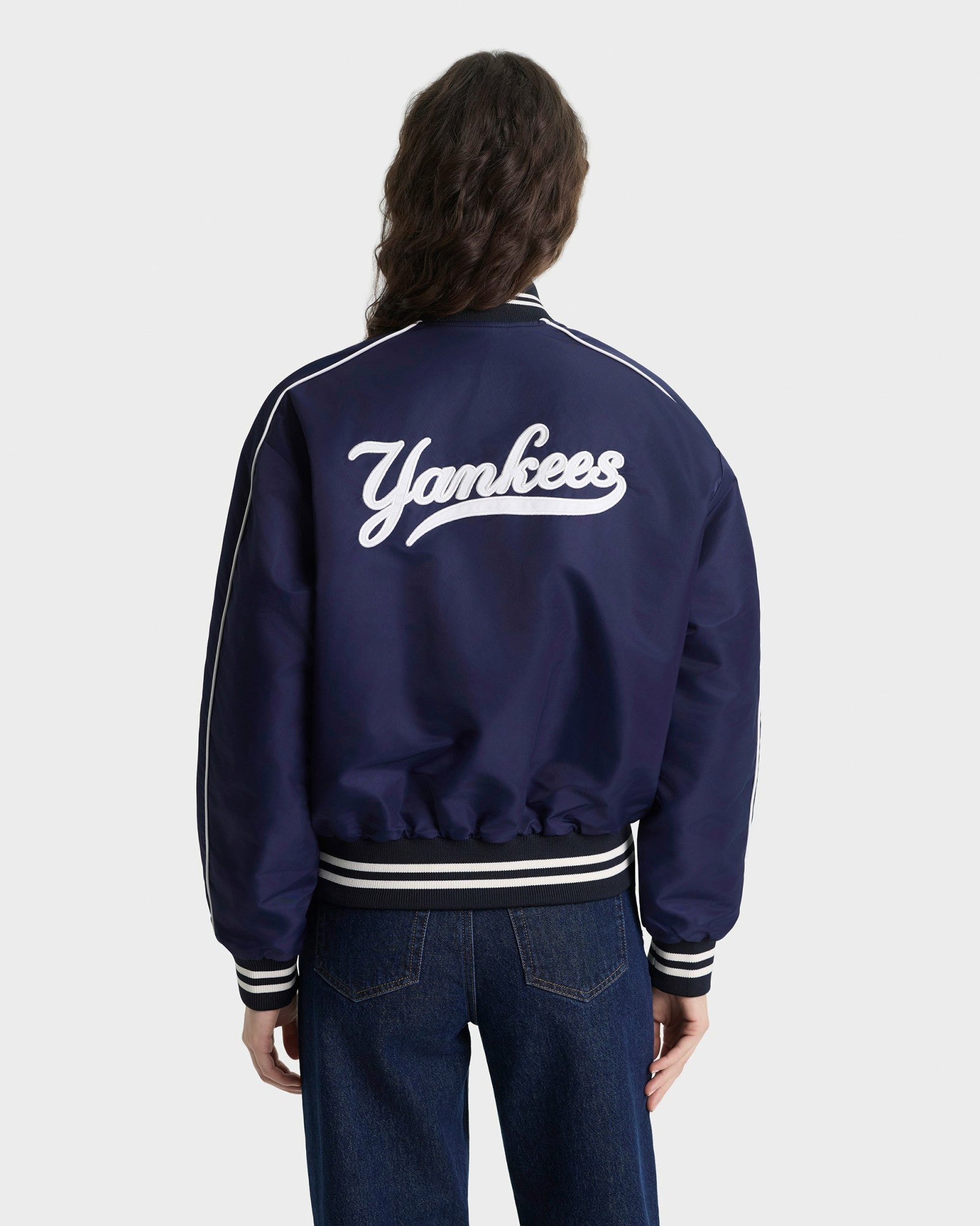 Yankees Curve Nylon Varsity Jacket - Navy/White Sporty & Rich Outlet