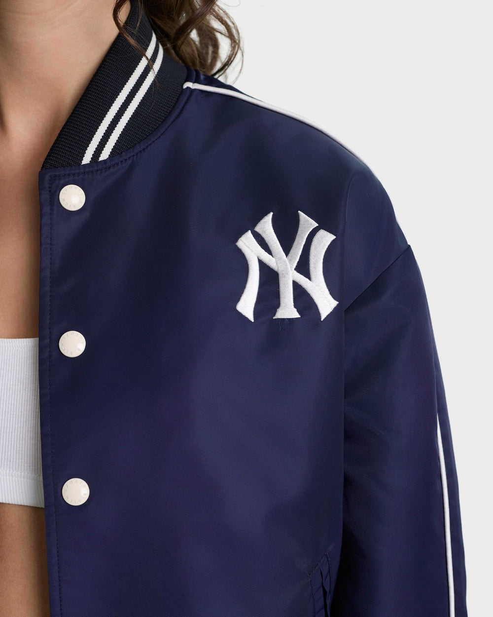 Yankees Curve Nylon Varsity Jacket - Navy/White Sporty & Rich Outlet