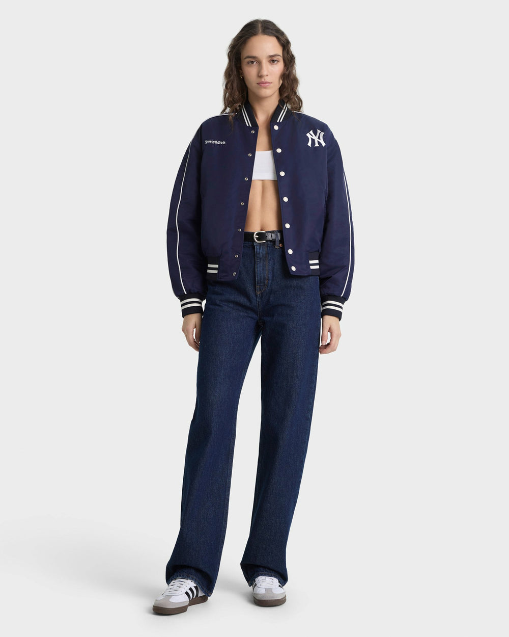 Yankees Curve Nylon Varsity Jacket - Navy/White Sporty & Rich Outlet