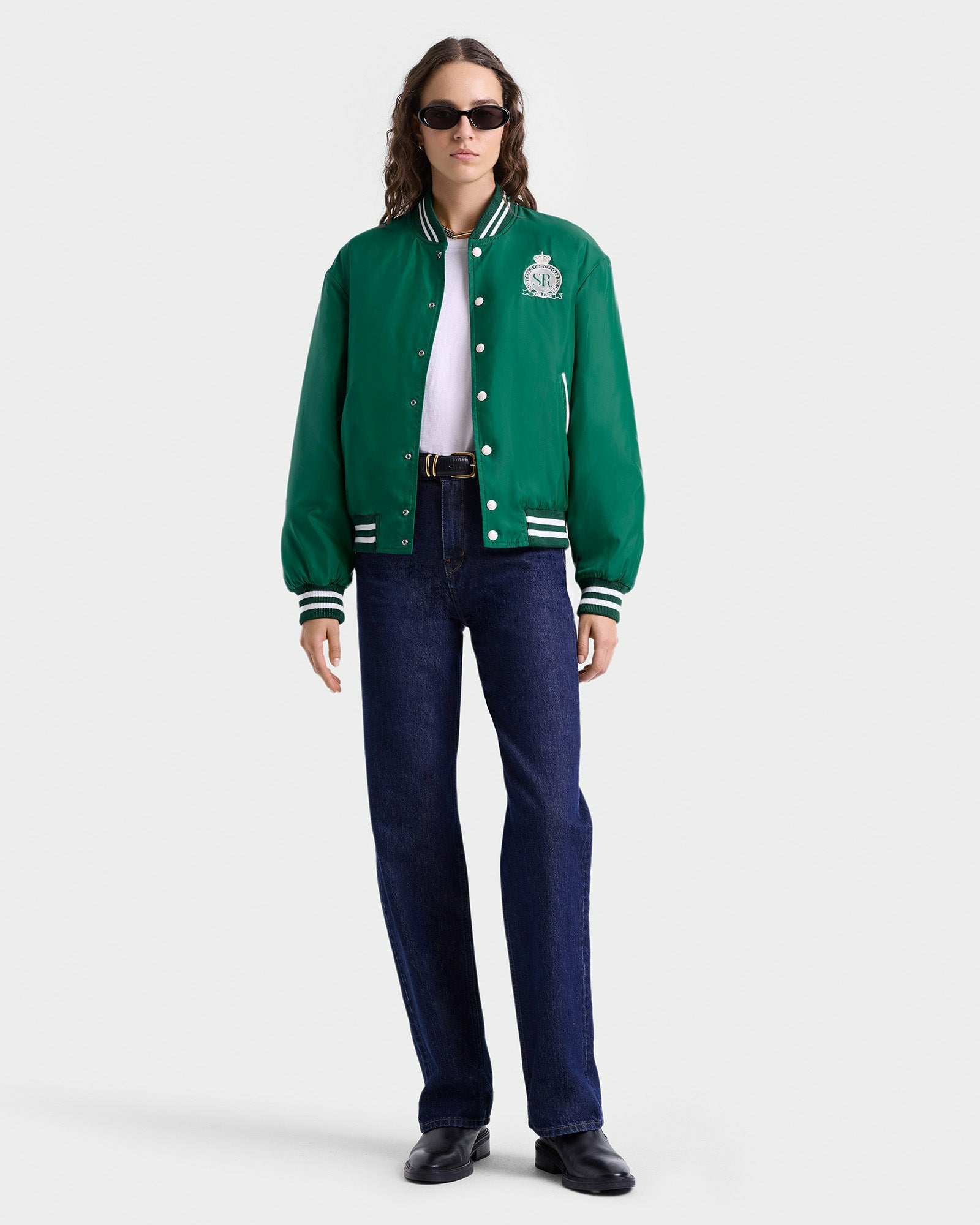 Royal Club Nylon Varsity Jacket - Spring Green/White Sporty & Rich Sale