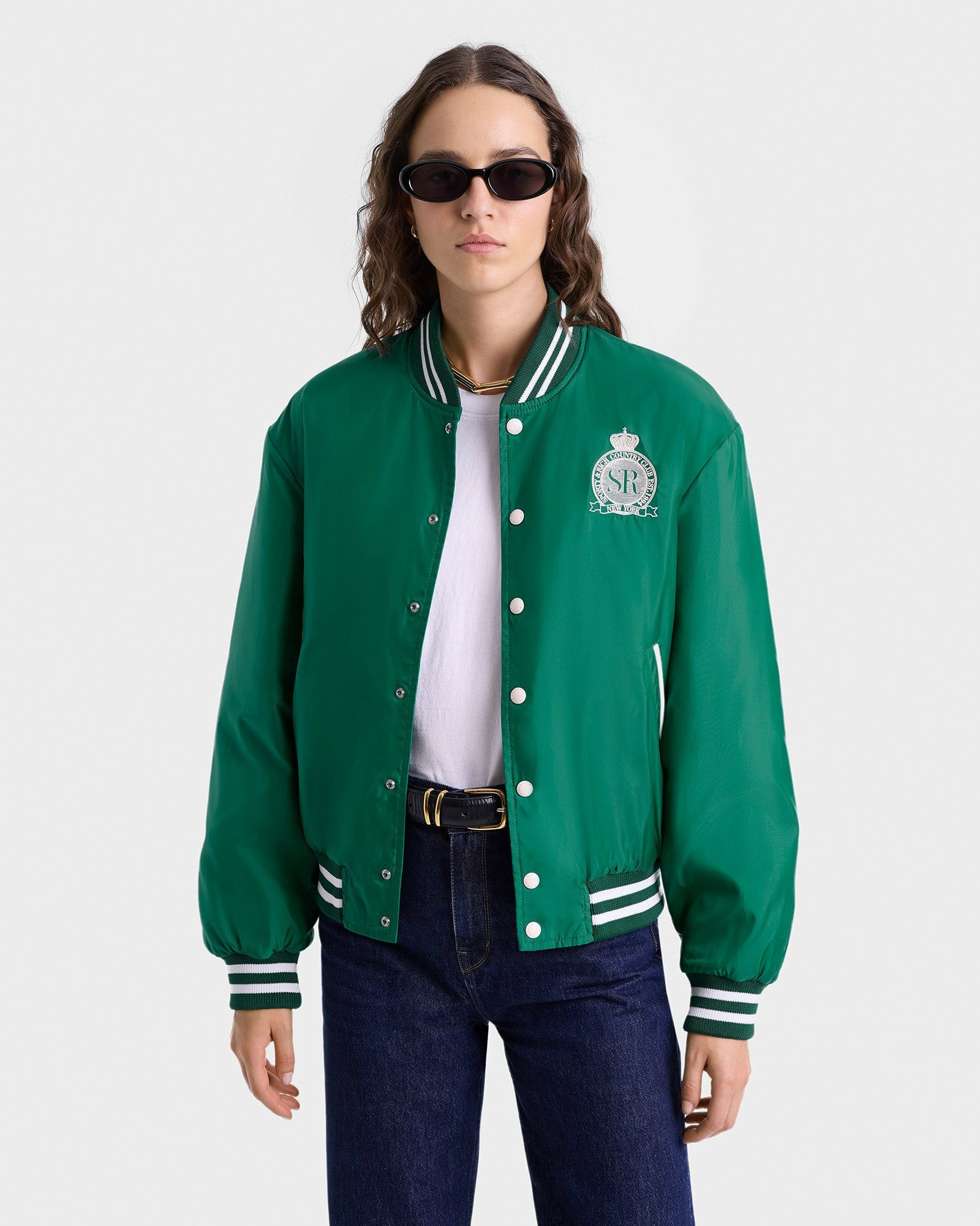 Royal Club Nylon Varsity Jacket - Spring Green/White Sporty & Rich Sale