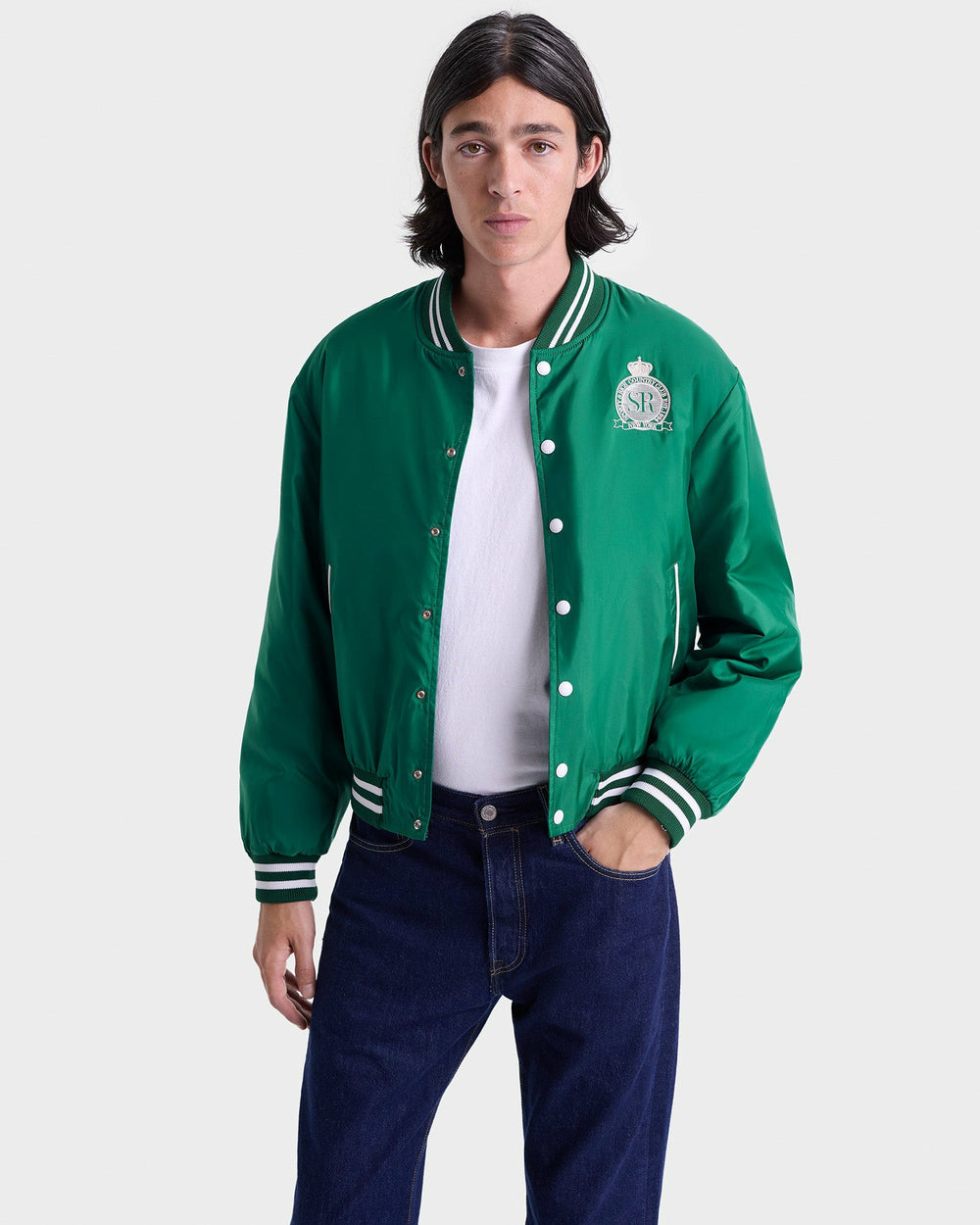 Royal Club Nylon Varsity Jacket - Spring Green/White Sporty & Rich Sale