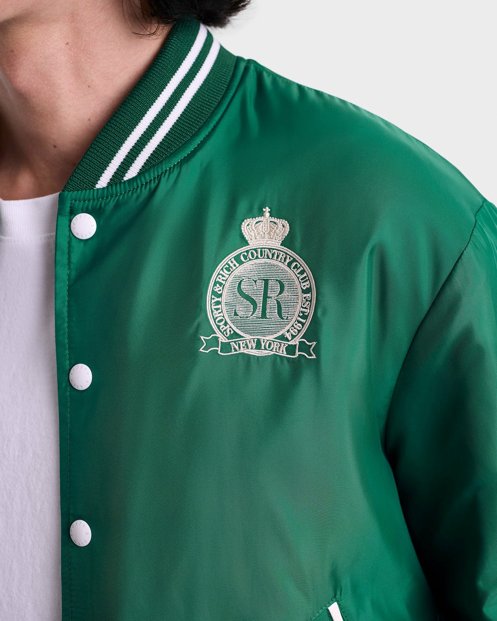 Royal Club Nylon Varsity Jacket - Spring Green/White Sporty & Rich Sale