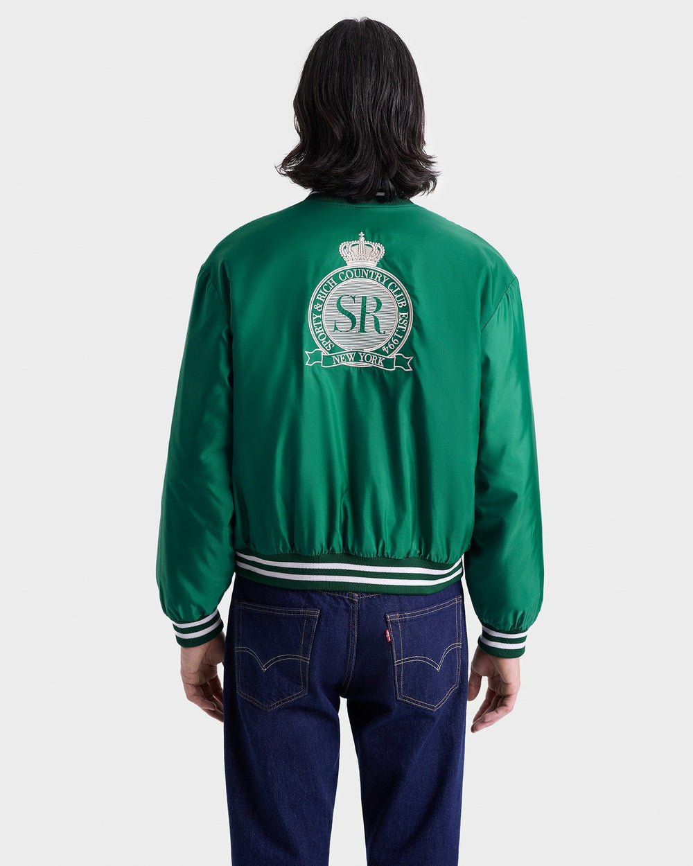 Royal Club Nylon Varsity Jacket - Spring Green/White Sporty & Rich Sale