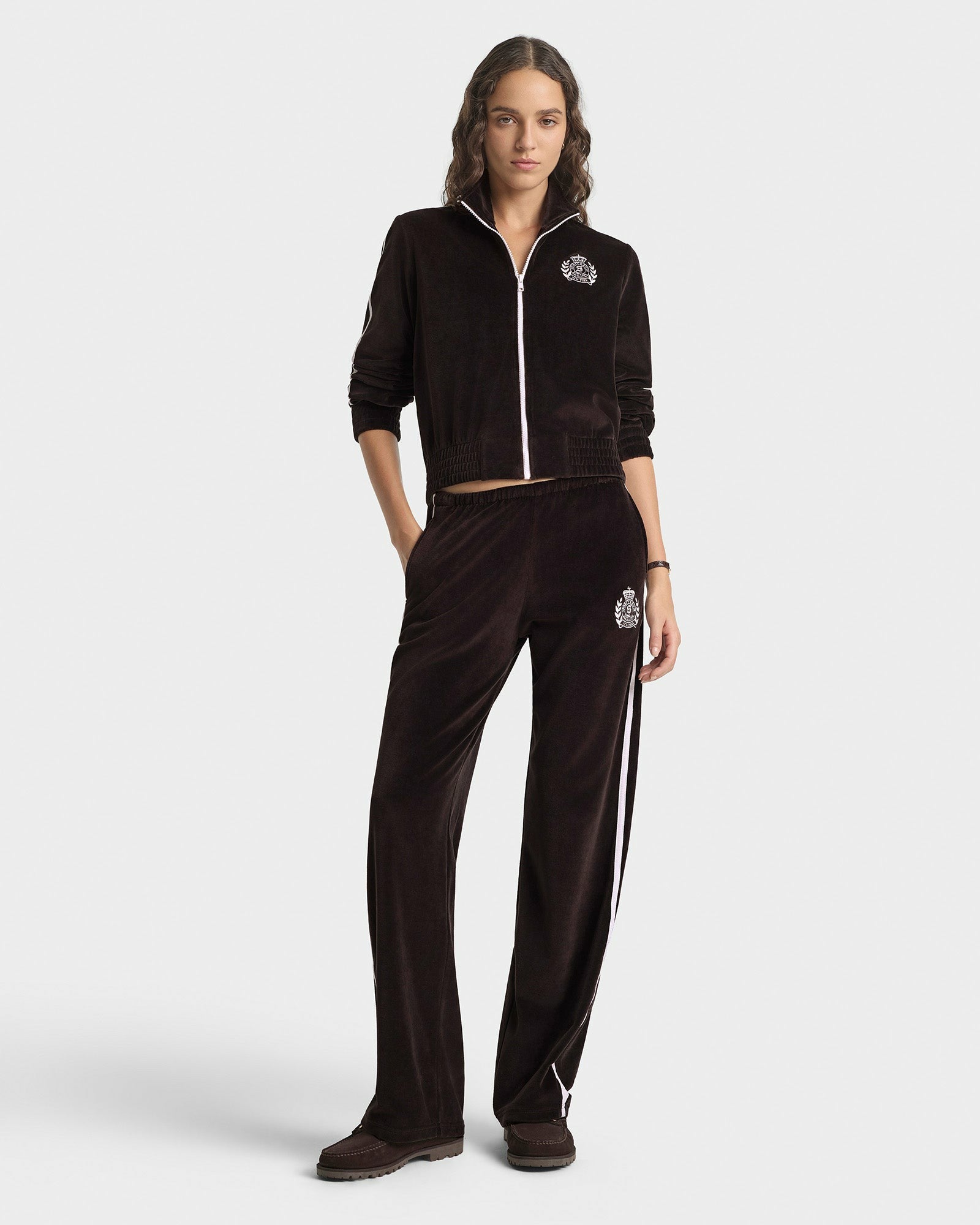 NY Crest Elio Velour Track Jacket - Chocolate Sporty & Rich US