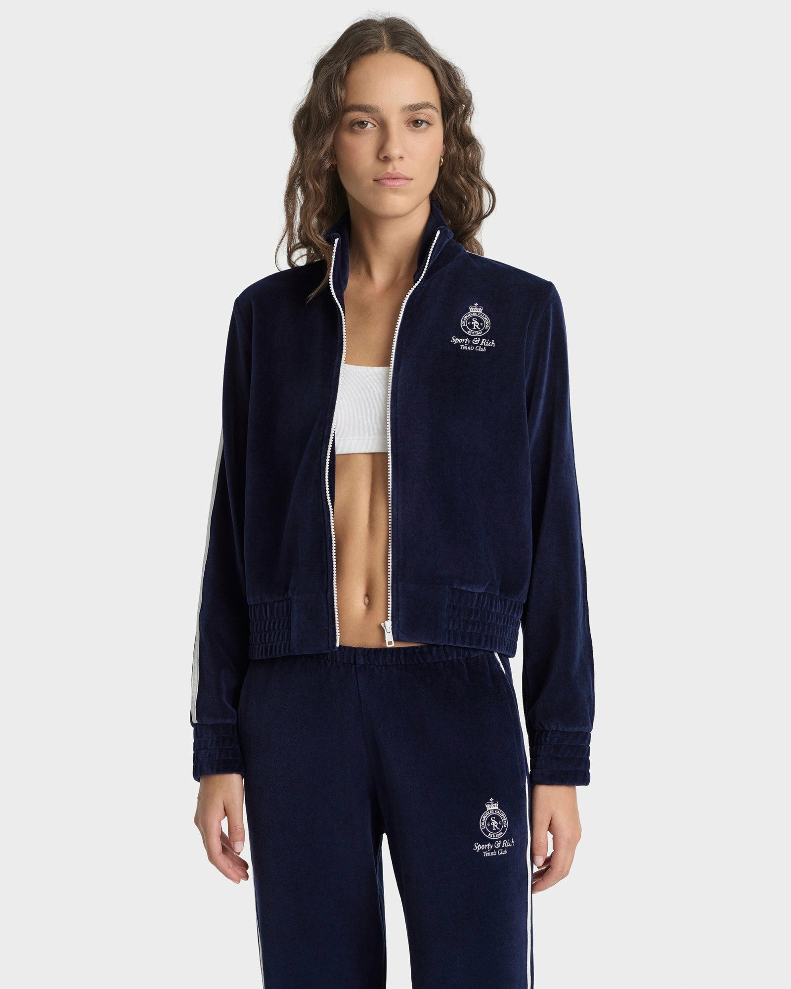 Crown Tennis Elio Velour Track Jacket - Navy/Ecru Sporty & Rich Sale