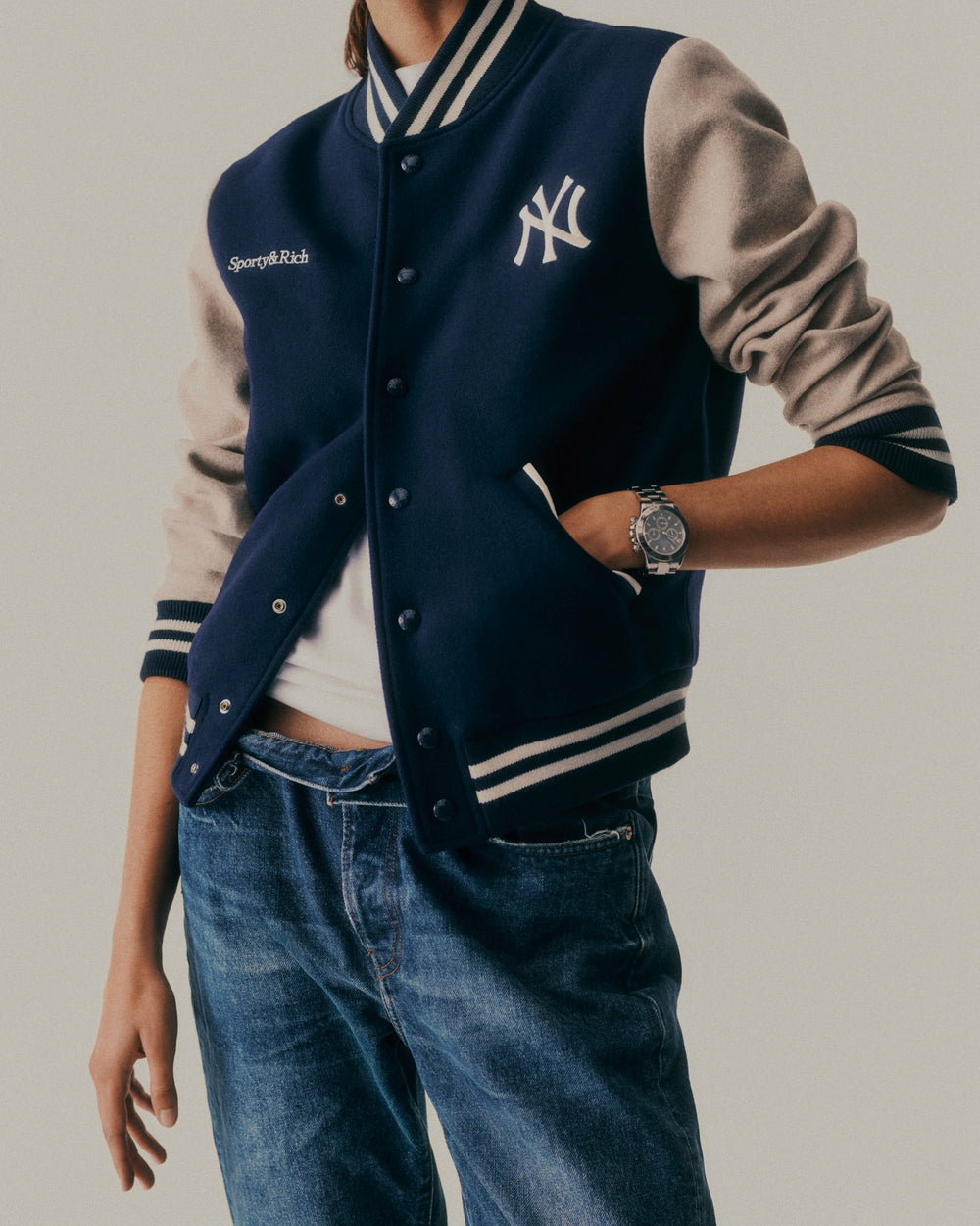 Homerun Wool Varsity Jacket - Navy/Cream Sporty & Rich Outlet